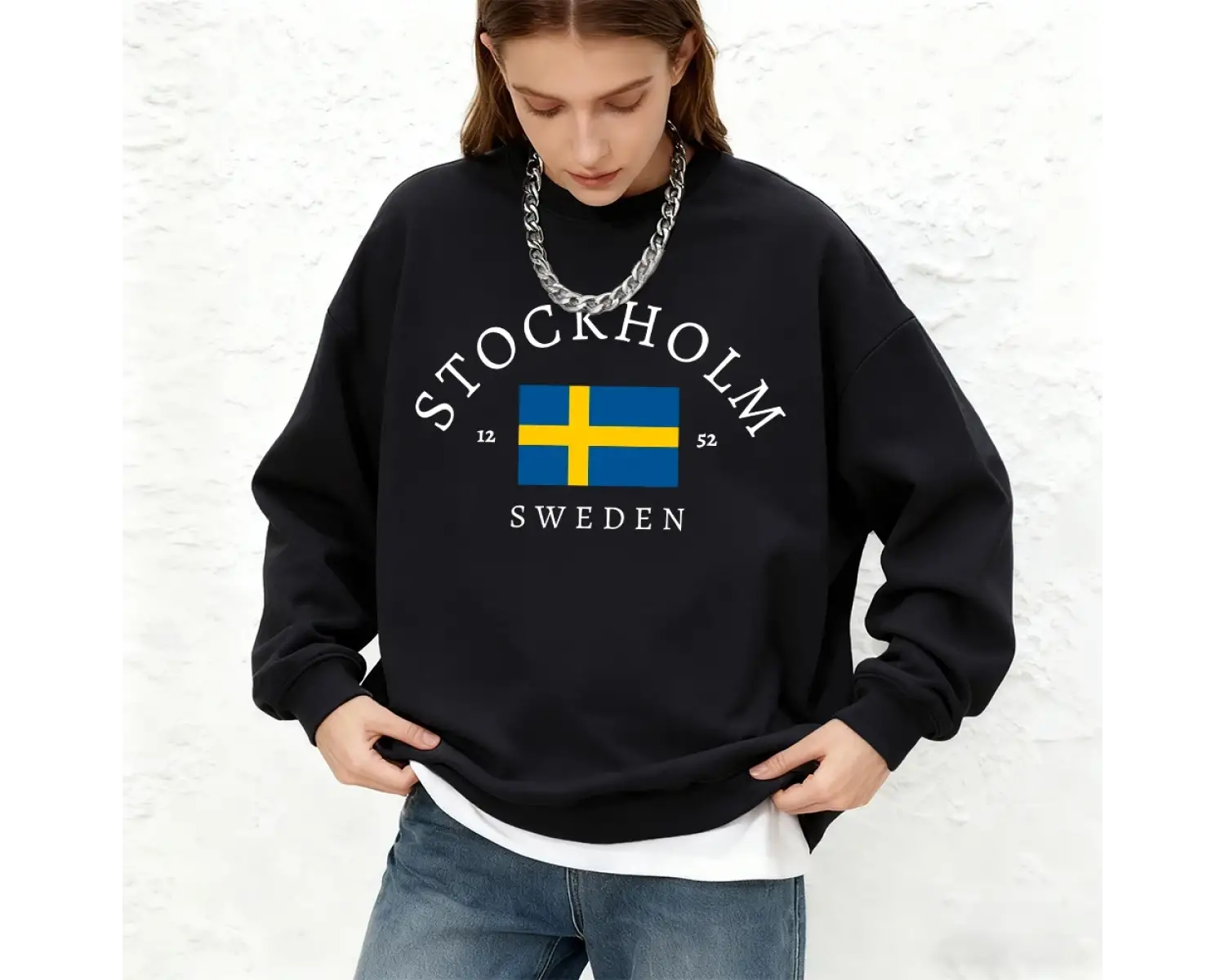 Stokholm İsveç Bayrağı Baskılı Kadın Sweatshirtleri Kışlık Yuvarlak Yaka Kapüşonlu Üstler Sıc