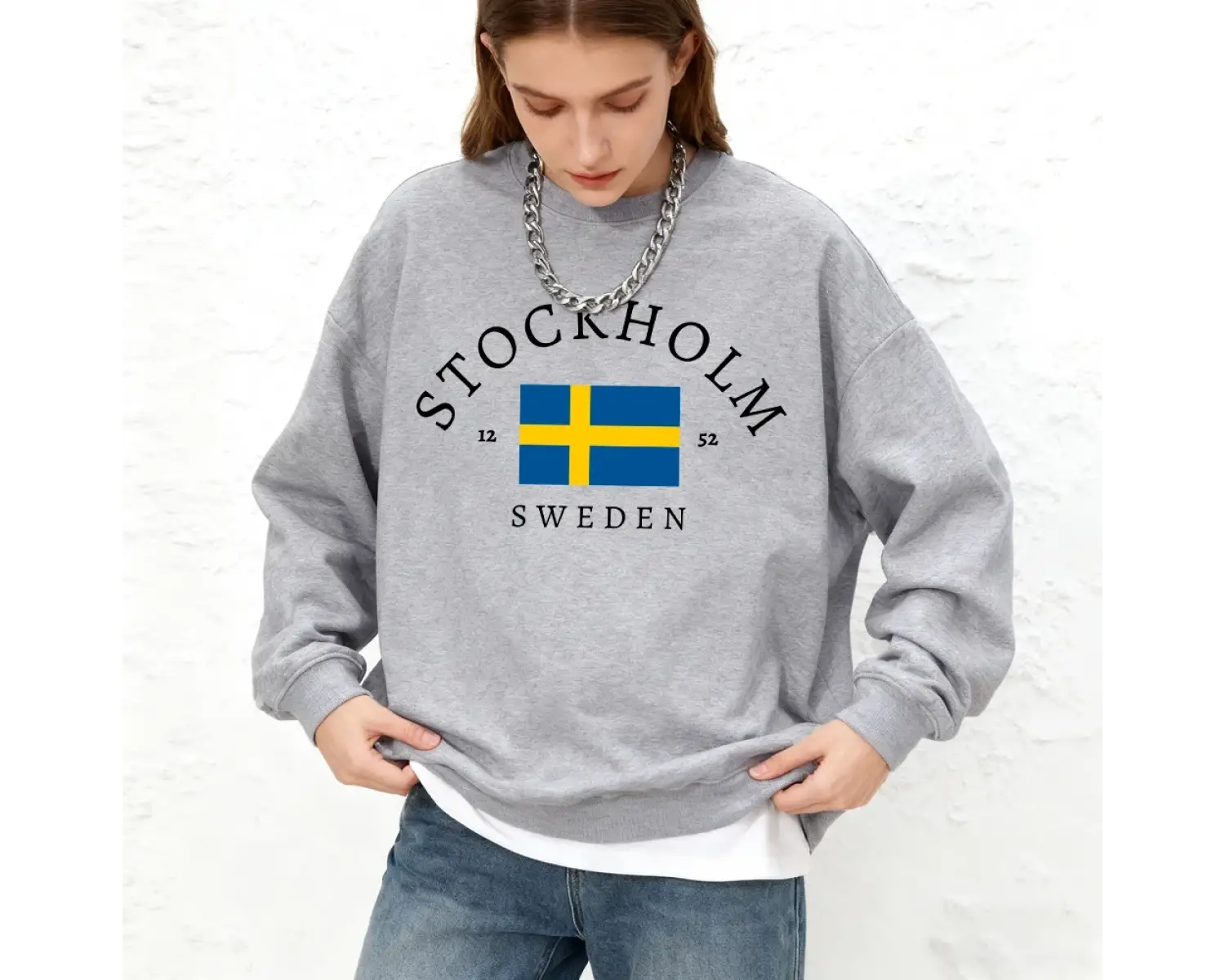 Stokholm İsveç Bayrağı Baskılı Kadın Sweatshirtleri Kışlık Yuvarlak Yaka Kapüşonlu Üstler Sıc