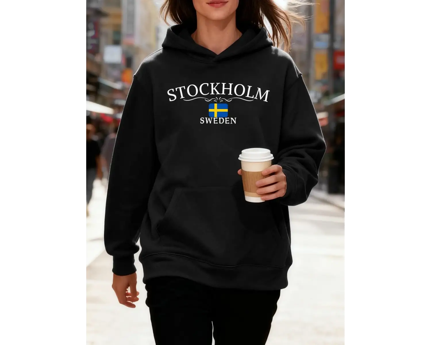 Stokholm İsveç Mektup Baskılar Pamuk Kapüşonlular Kadın Kış Polar Sıcak Kazak Koşu Cep Kazak