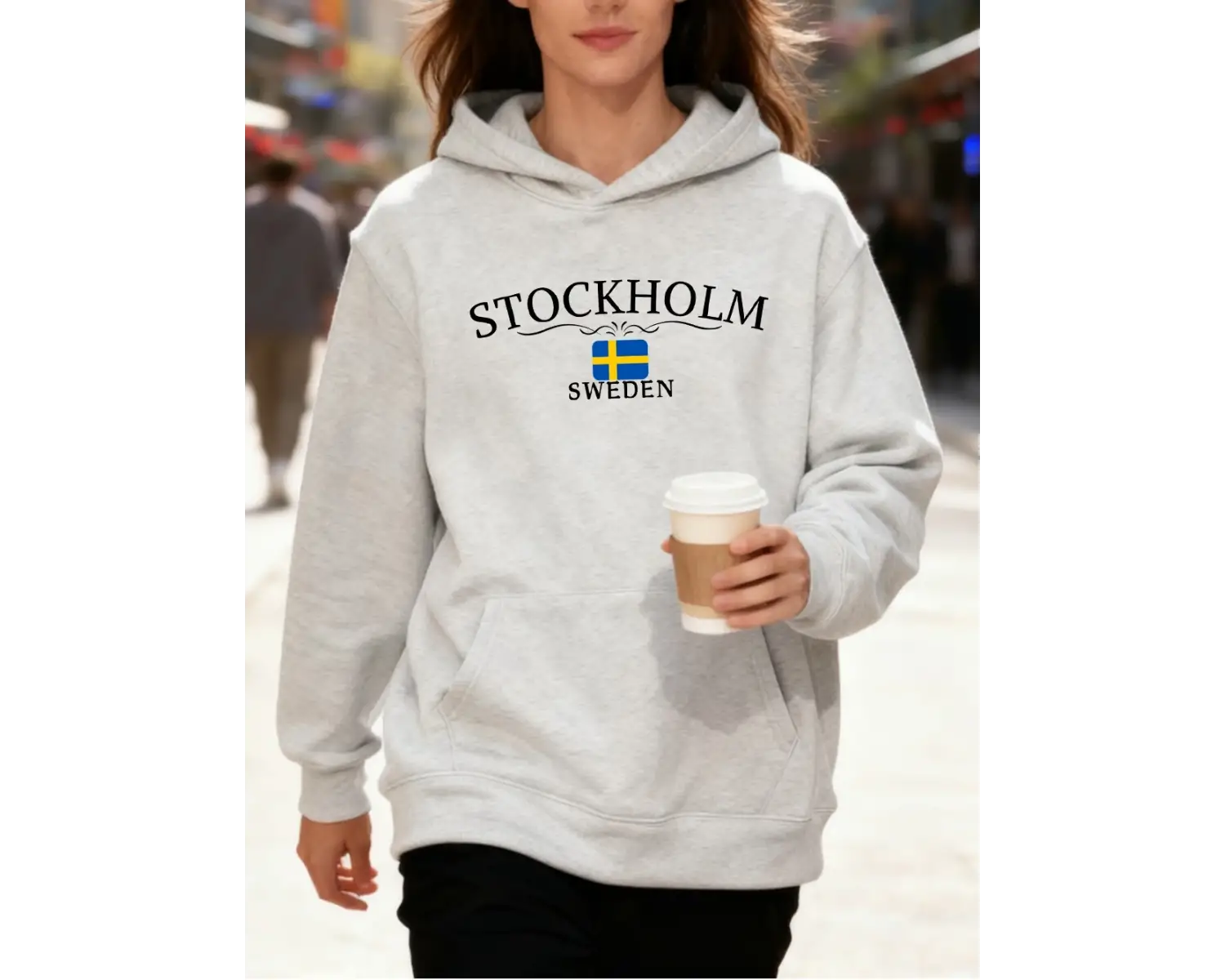 Stokholm İsveç Mektup Baskılar Pamuk Kapüşonlular Kadın Kış Polar Sıcak Kazak Koşu Cep Kazak