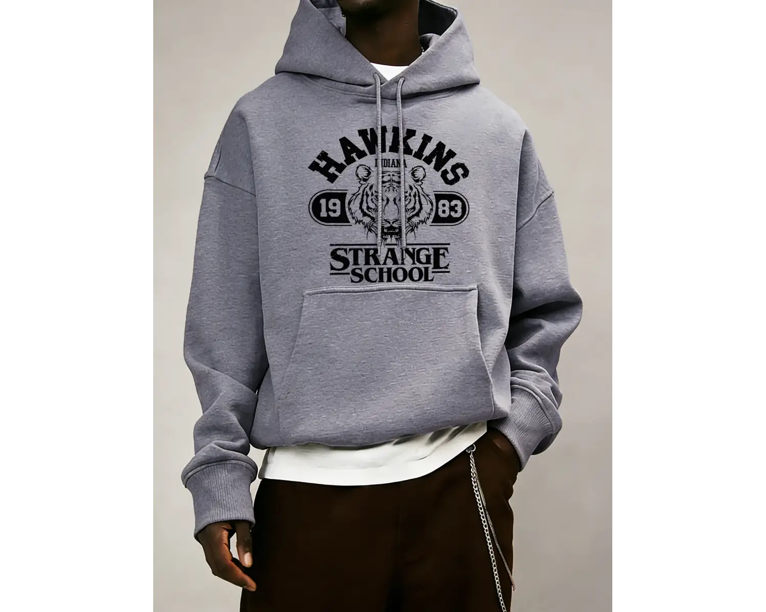 Strange School 1983 Baskılı Erkek Günlük Giyim Modası Bol Kapüşonlu Üstler Her Şeyle Uyumlu S