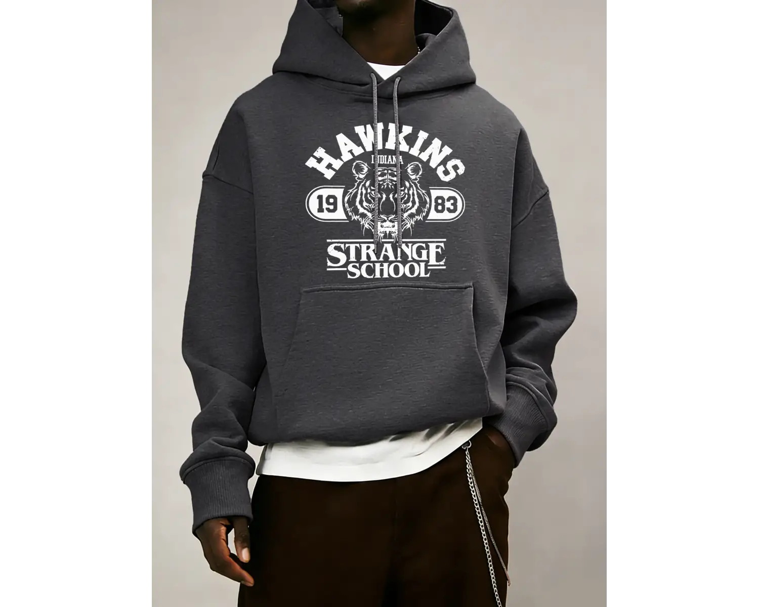 Strange School 1983 Baskılı Erkek Günlük Giyim Modası Bol Kapüşonlu Üstler Her Şeyle Uyumlu S