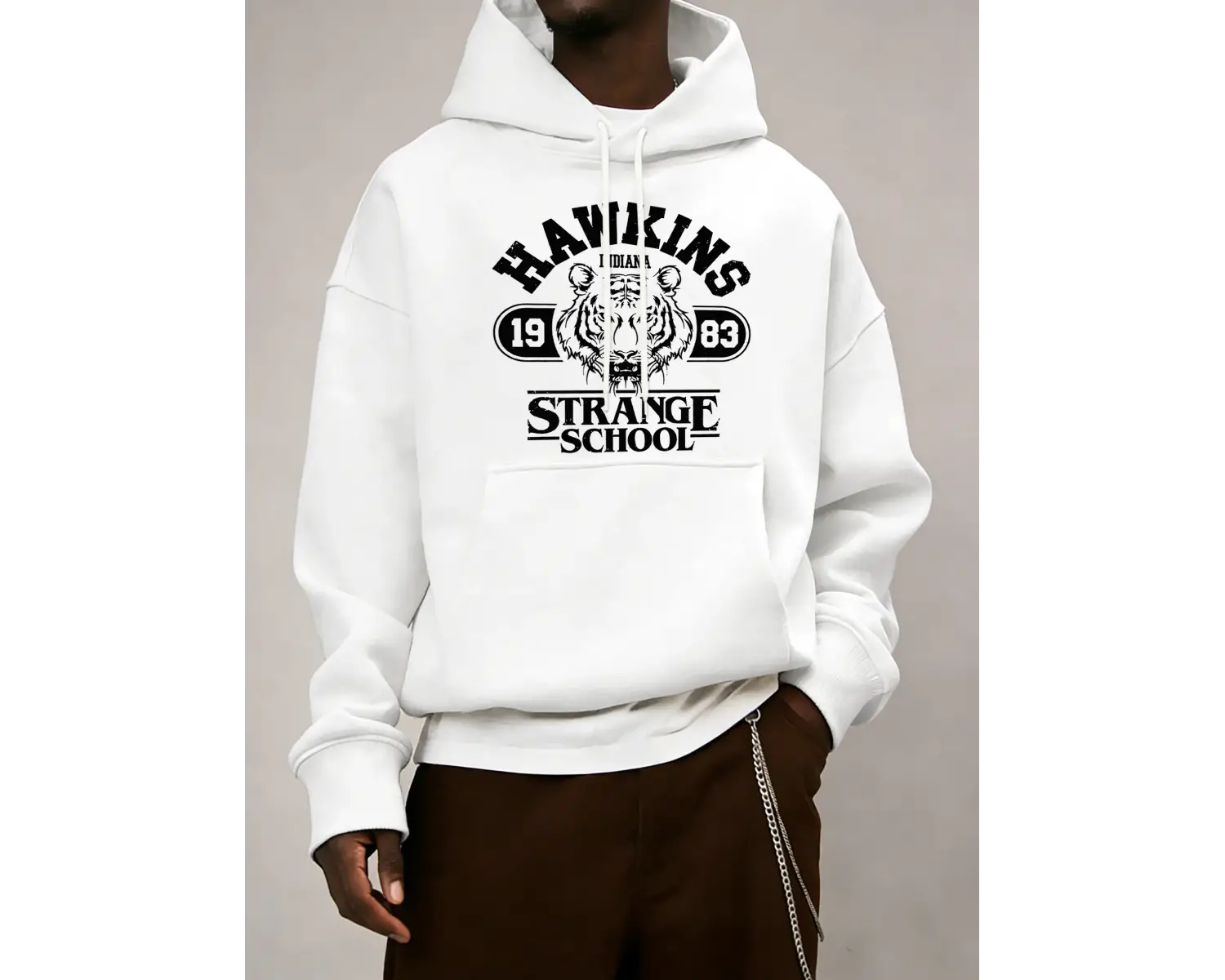 Strange School 1983 Baskılı Erkek Günlük Giyim Modası Bol Kapüşonlu Üstler Her Şeyle Uyumlu S