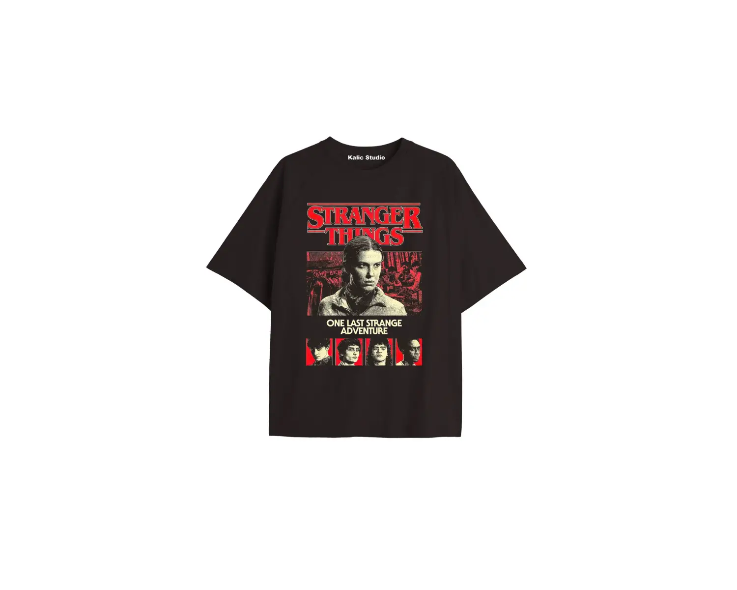 Stranger Things Baskılı oversize ünisex t-shirt siyah
