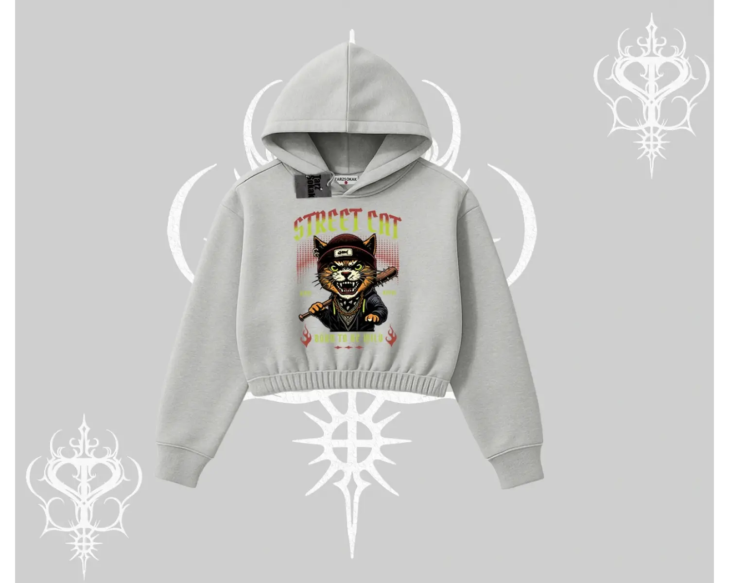 Street Cat Kedi Baskılı Kapşonlu Crop Sweatshirt