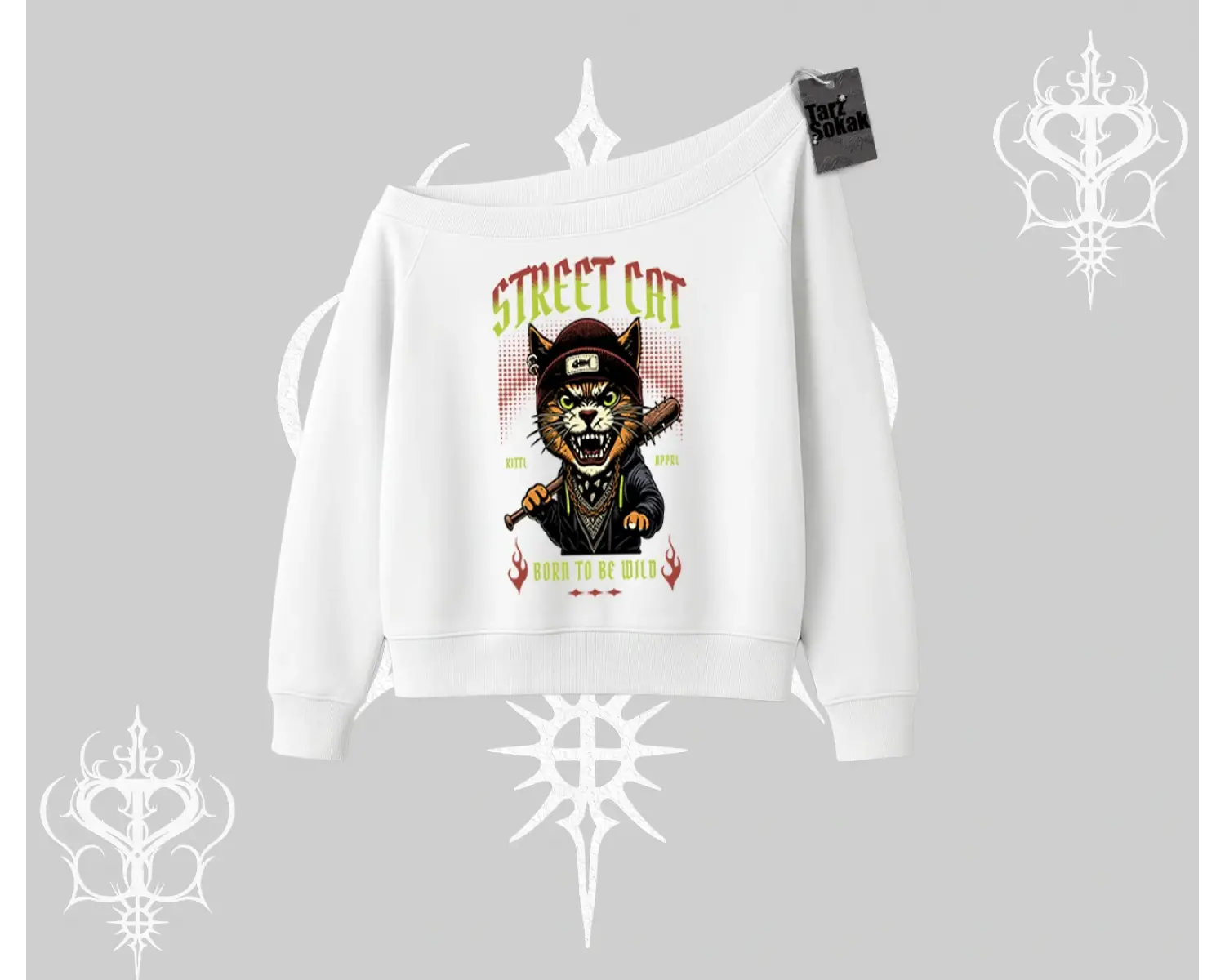 Street Cat Kedi Baskılı Kayık Yaka Sweatshirt