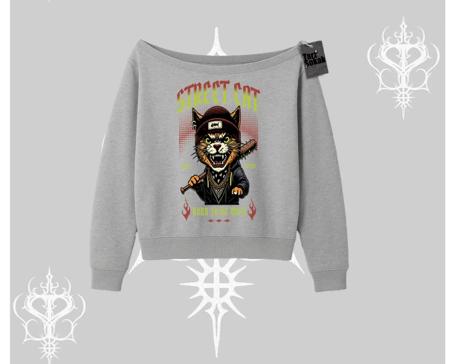 Street Cat Kedi Baskılı Kayık Yaka Sweatshirt