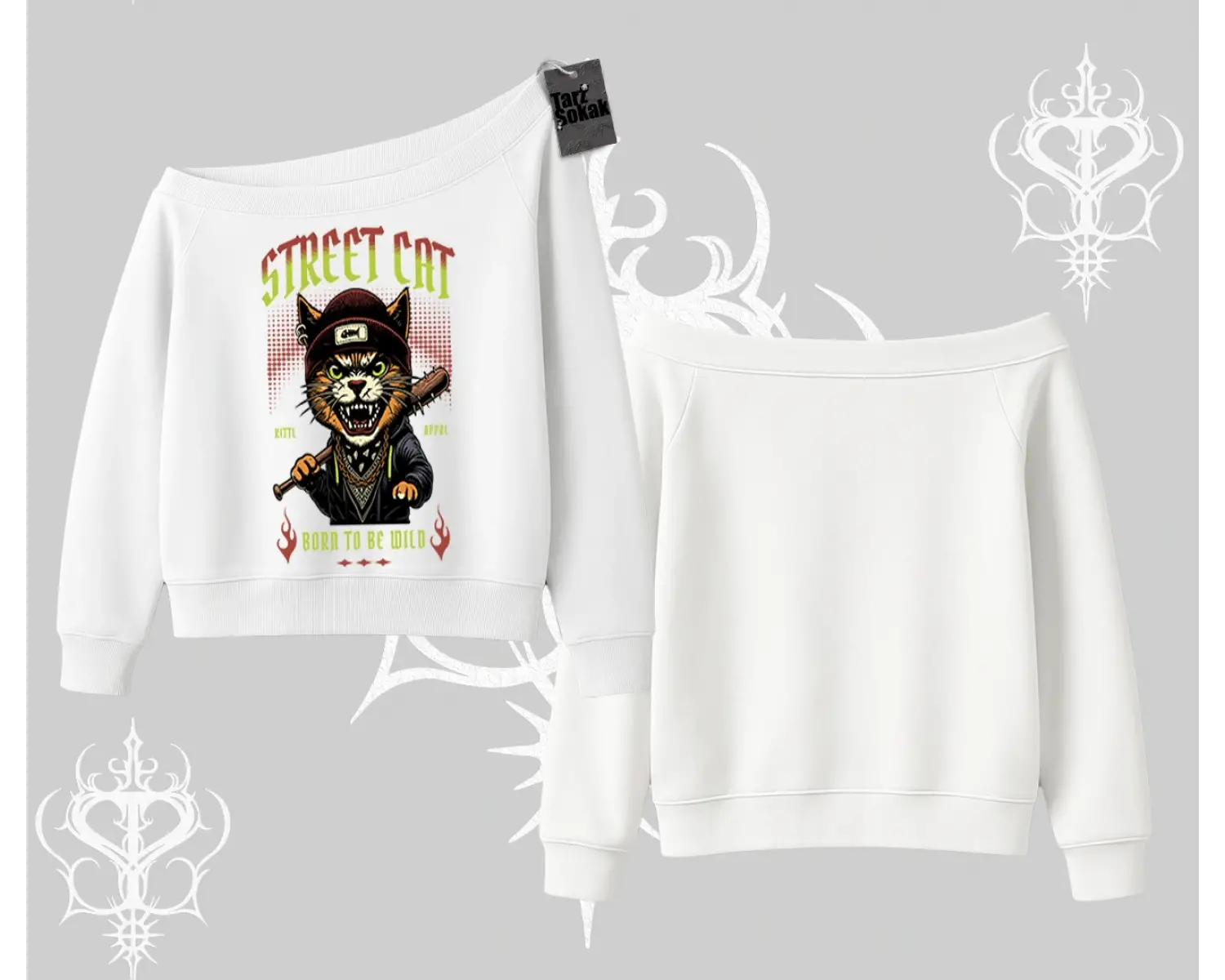 Street Cat Kedi Baskılı Kayık Yaka Sweatshirt