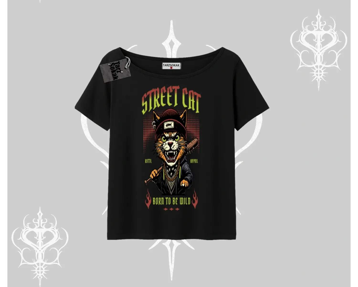 Street Cat Kedi Baskılı Kayık Yaka Tshirt