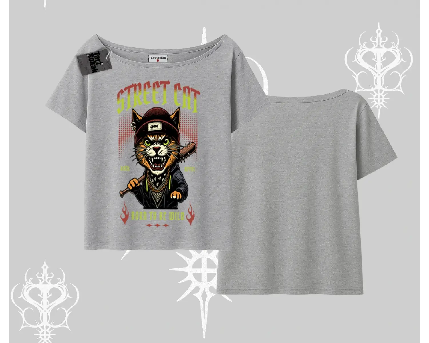 Street Cat Kedi Baskılı Kayık Yaka Tshirt