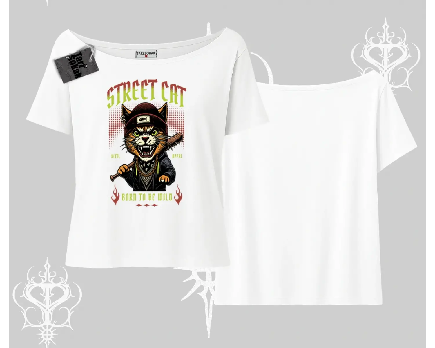 Street Cat Kedi Baskılı Kayık Yaka Tshirt