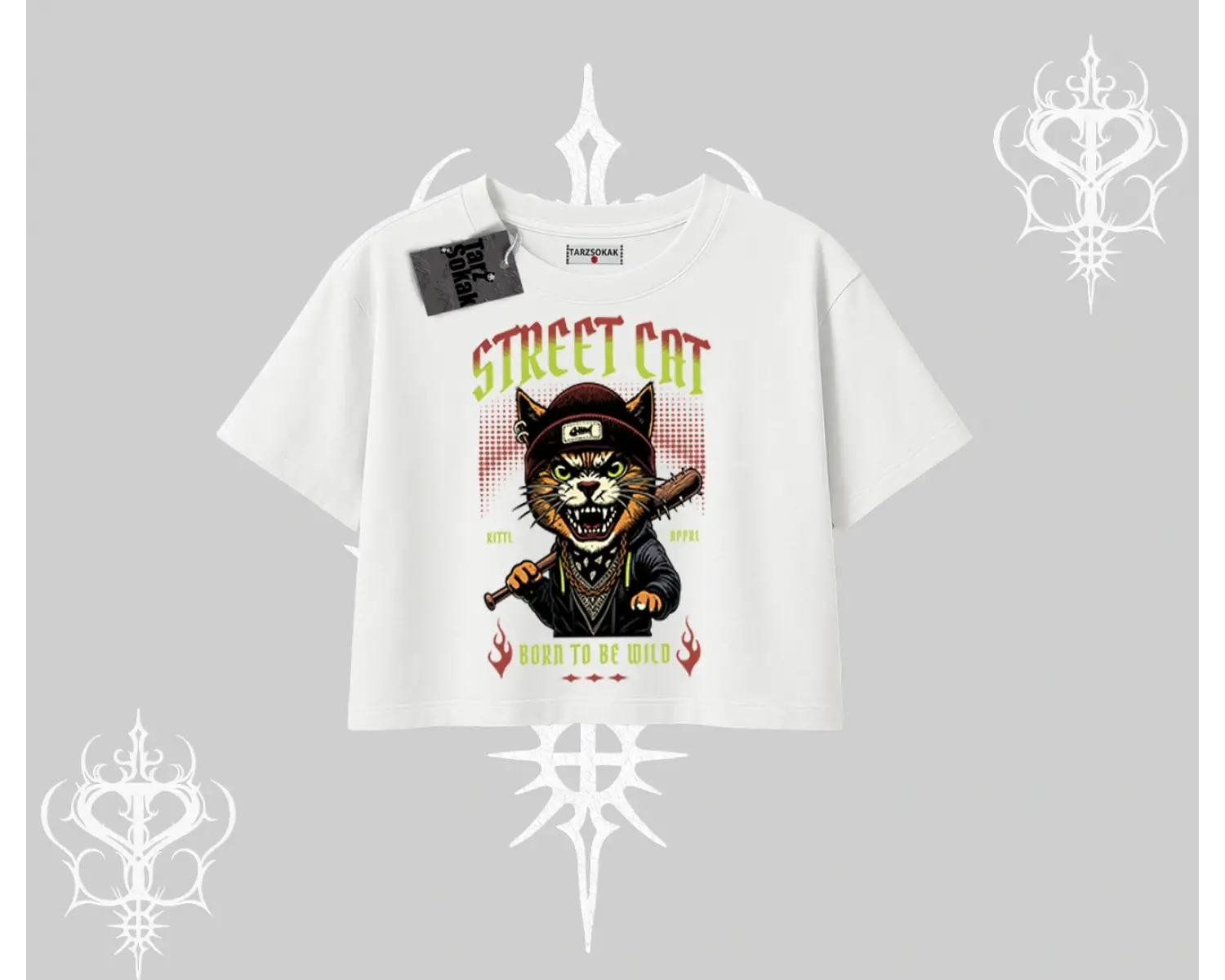 Street Cat Kedi Baskılı Oversize Crop Tshirt