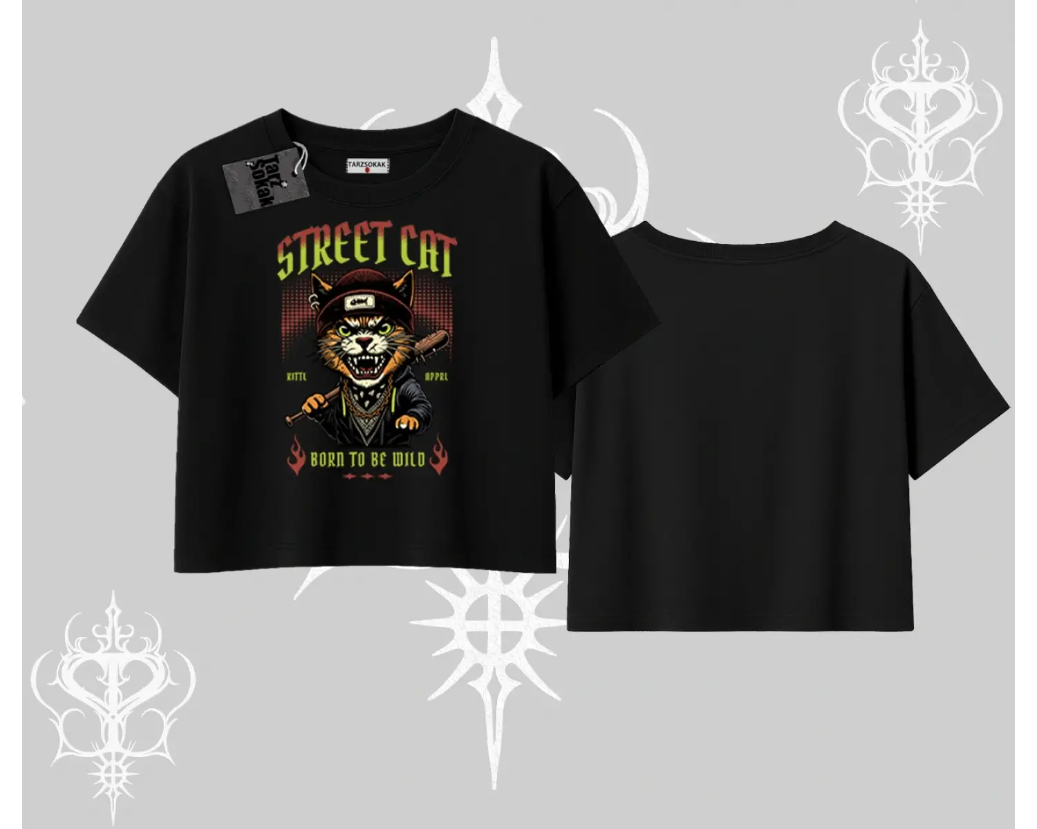 Street Cat Kedi Baskılı Oversize Crop Tshirt