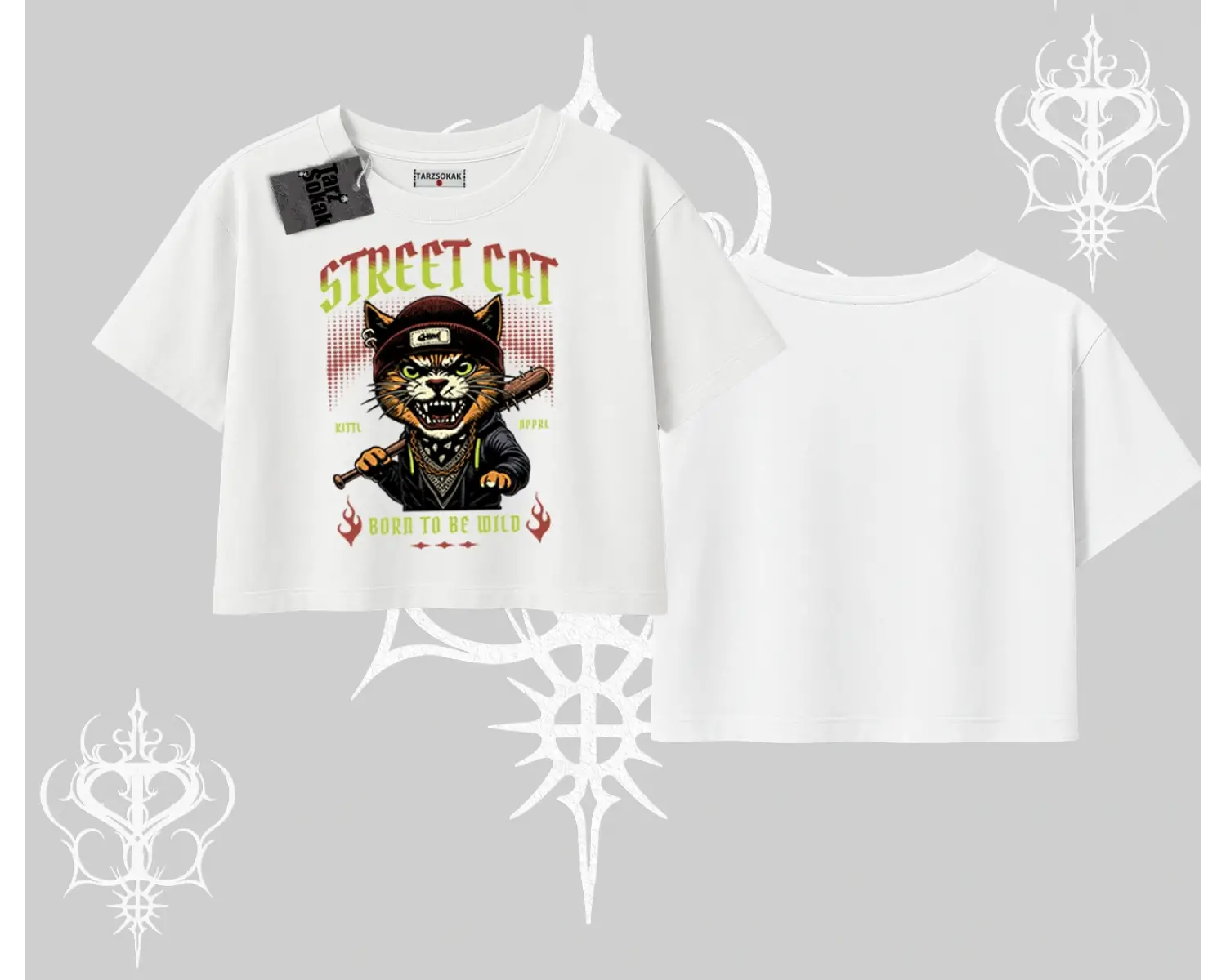 Street Cat Kedi Baskılı Oversize Crop Tshirt