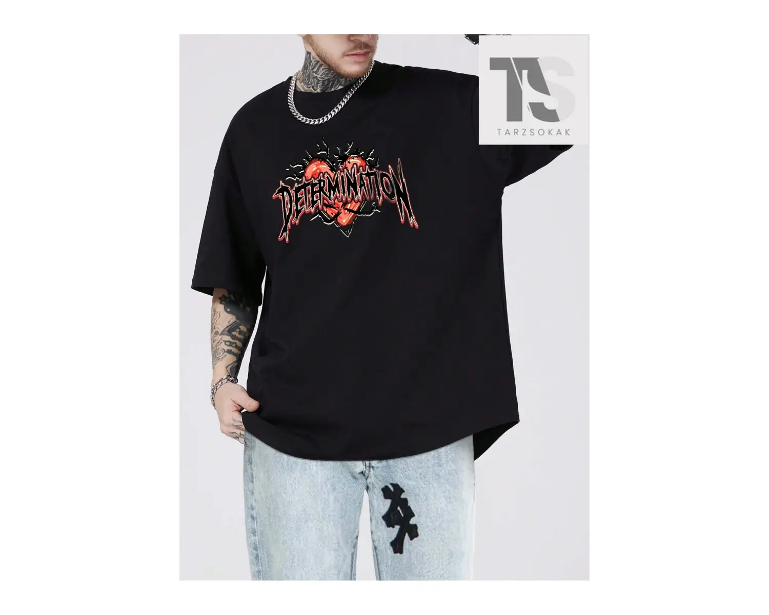 Street Life Erkek Harf Ve Kalp Baskılı Düşük Omuz T-shirt