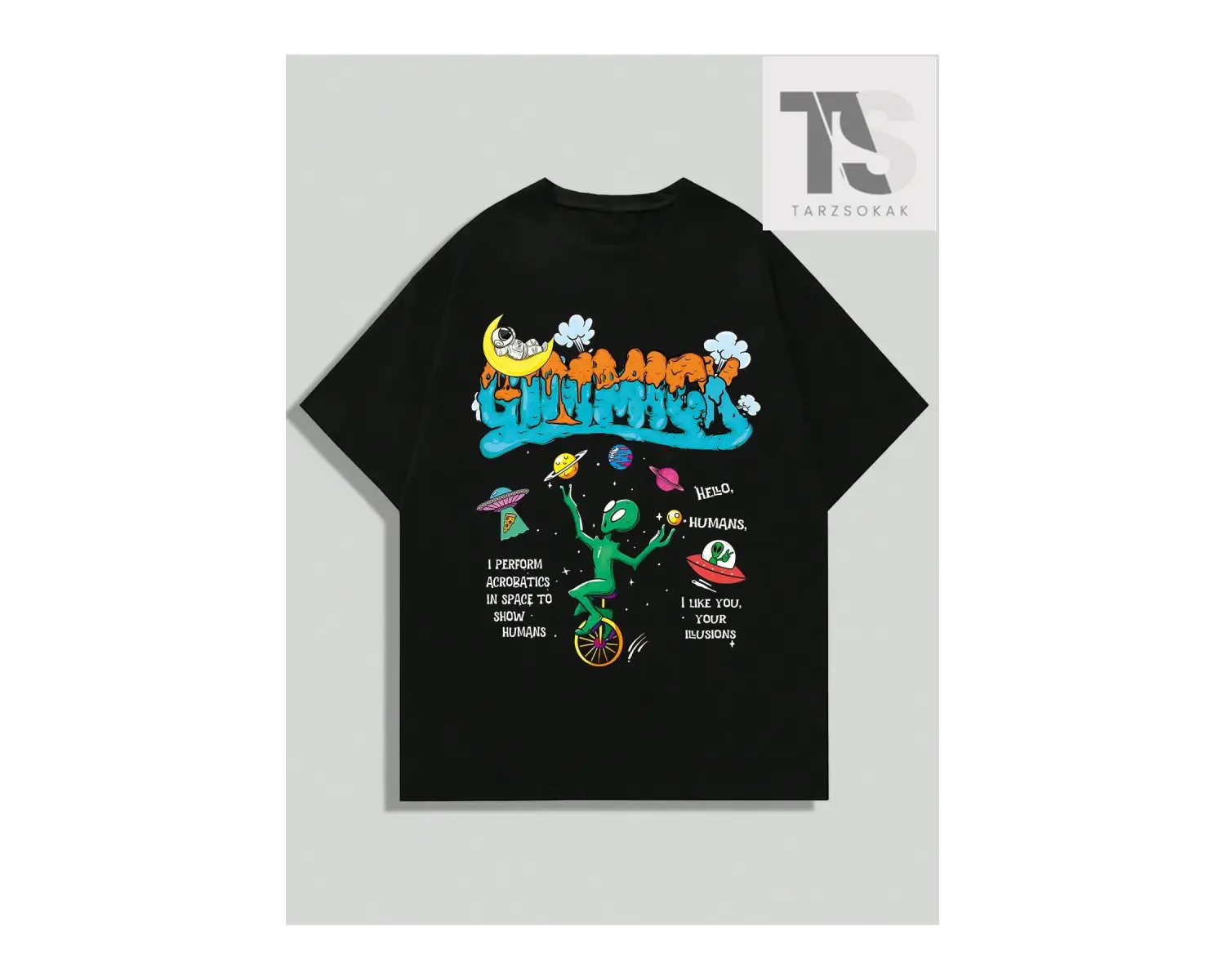 Street Life Erkek Karikatür Uzaylı Baskılı Yuvarlak Yaka Günlük Tişört