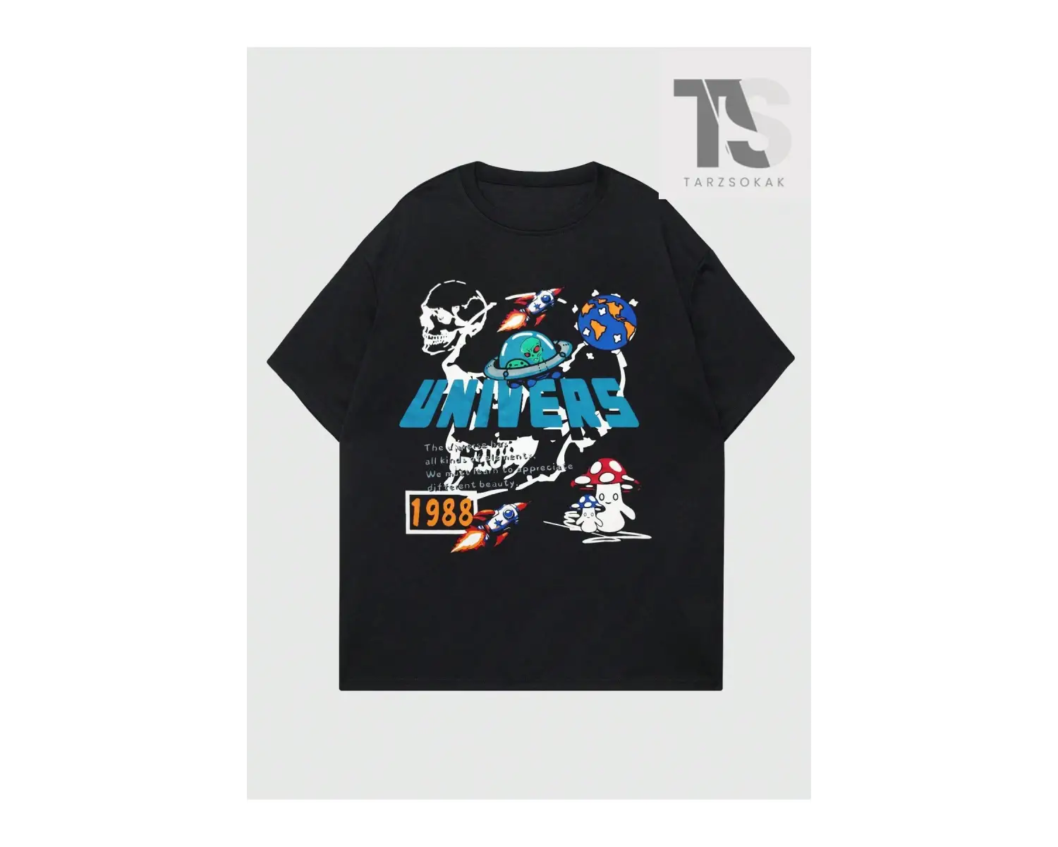 Street Life Erkek Mektup Kafatası ve Mantar Grafikli Tişört