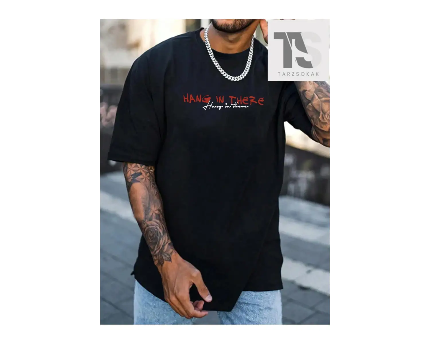 Street Life Erkek Mektup ve Ağaç Baskı Yuvarlak Yaka Tişört