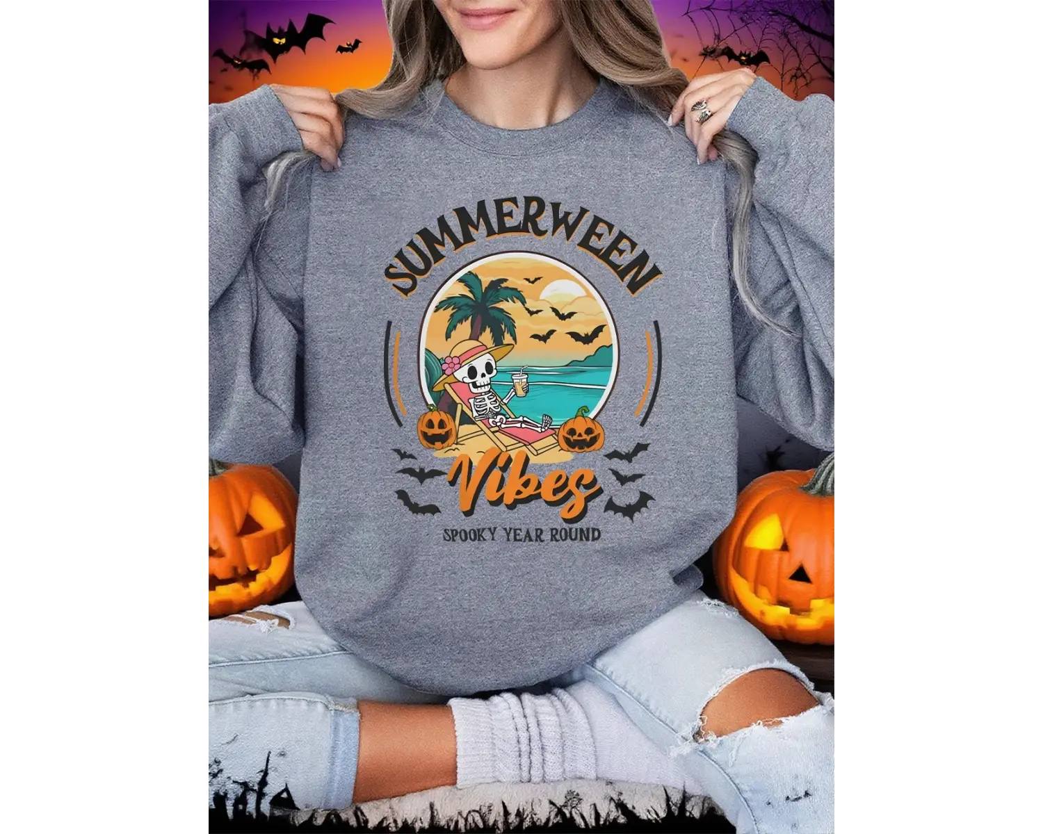 Summerween Vibes Yıl Boyunca Baskılar Cadılar Bayramı Kazak Kadın Kış Polar Hoodie Crewneck G