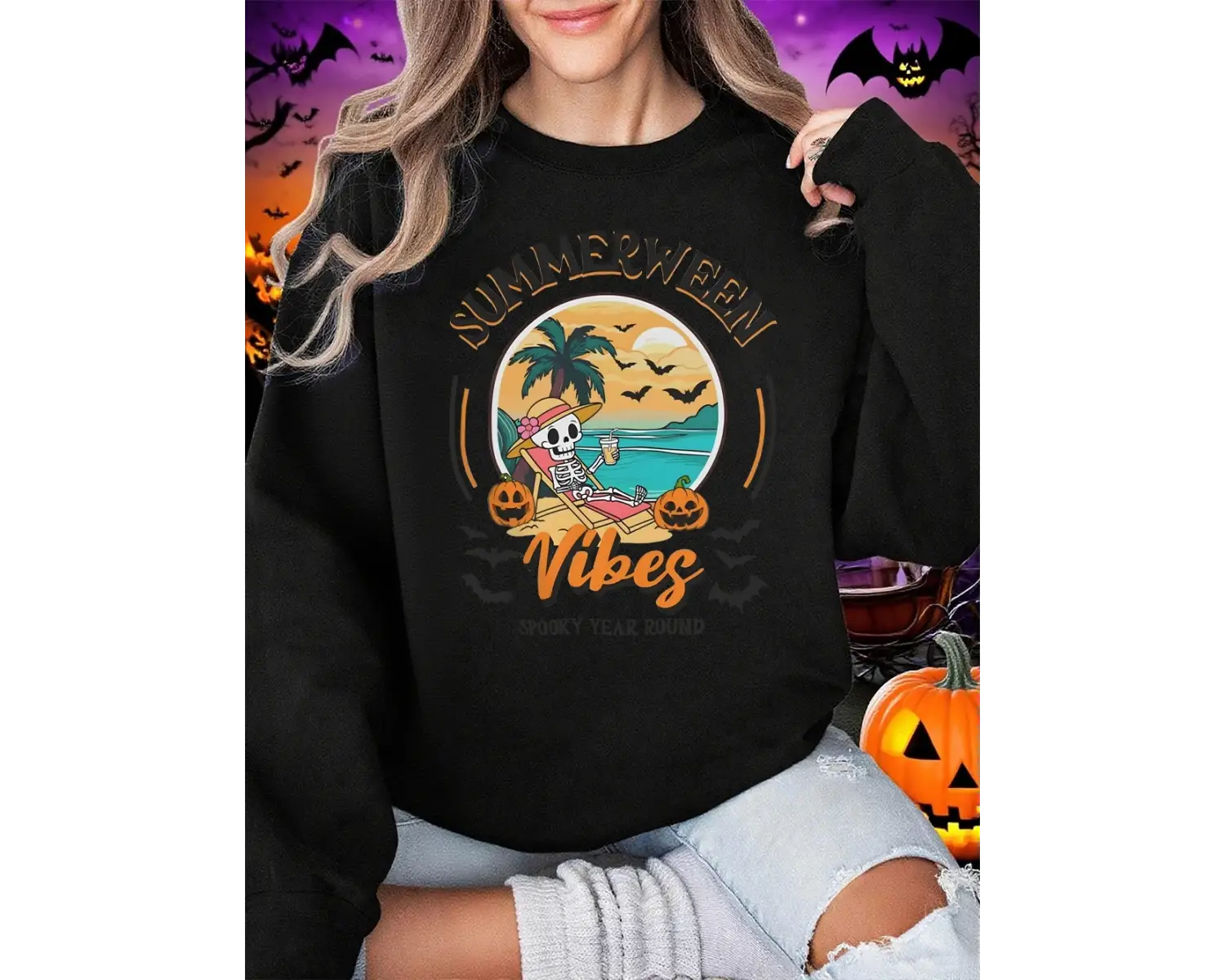 Summerween Vibes Yıl Boyunca Baskılar Cadılar Bayramı Kazak Kadın Kış Polar Hoodie Crewneck G