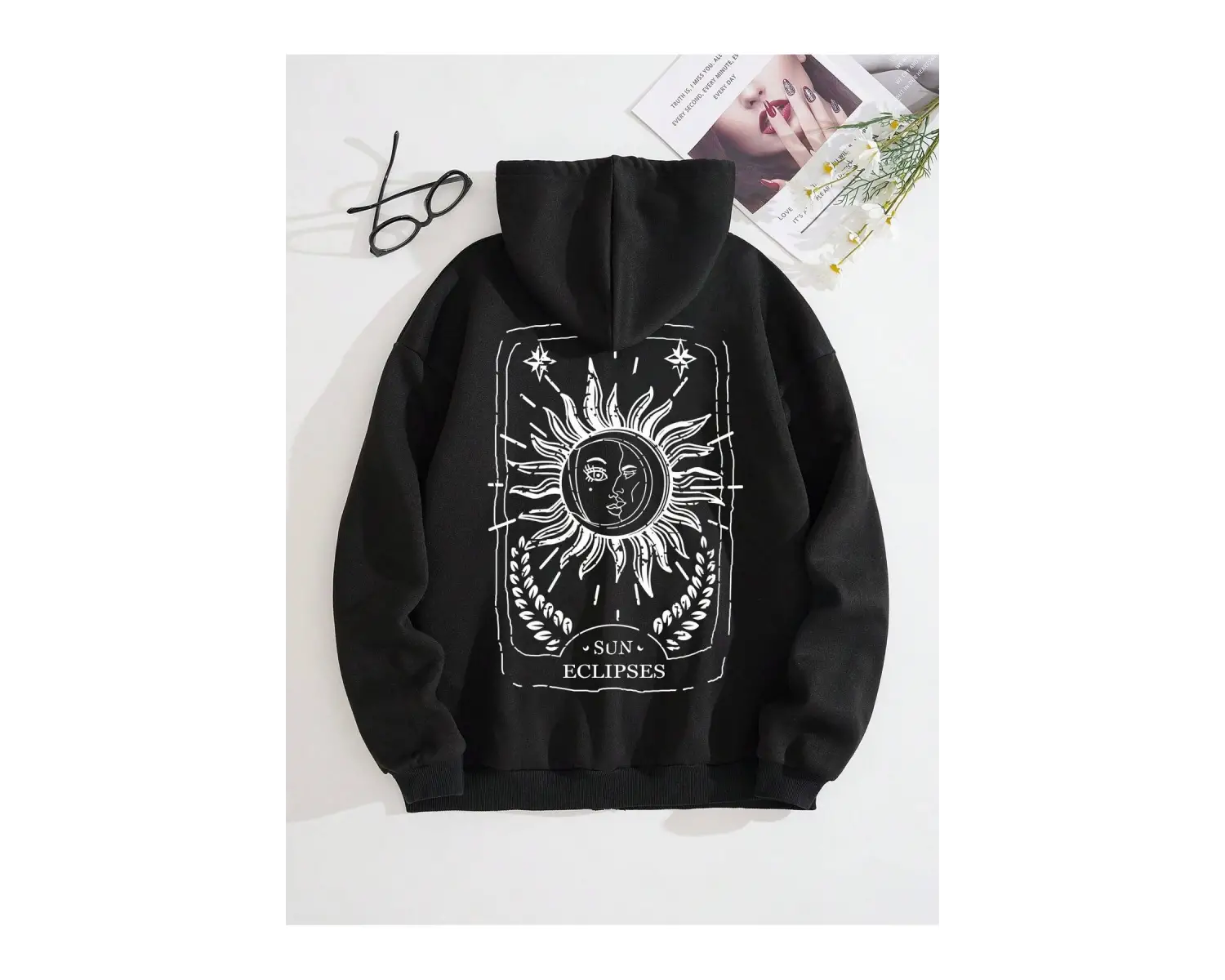 Sun & Moon Print Zip Up Drawstring Lined Hoodie Siyah