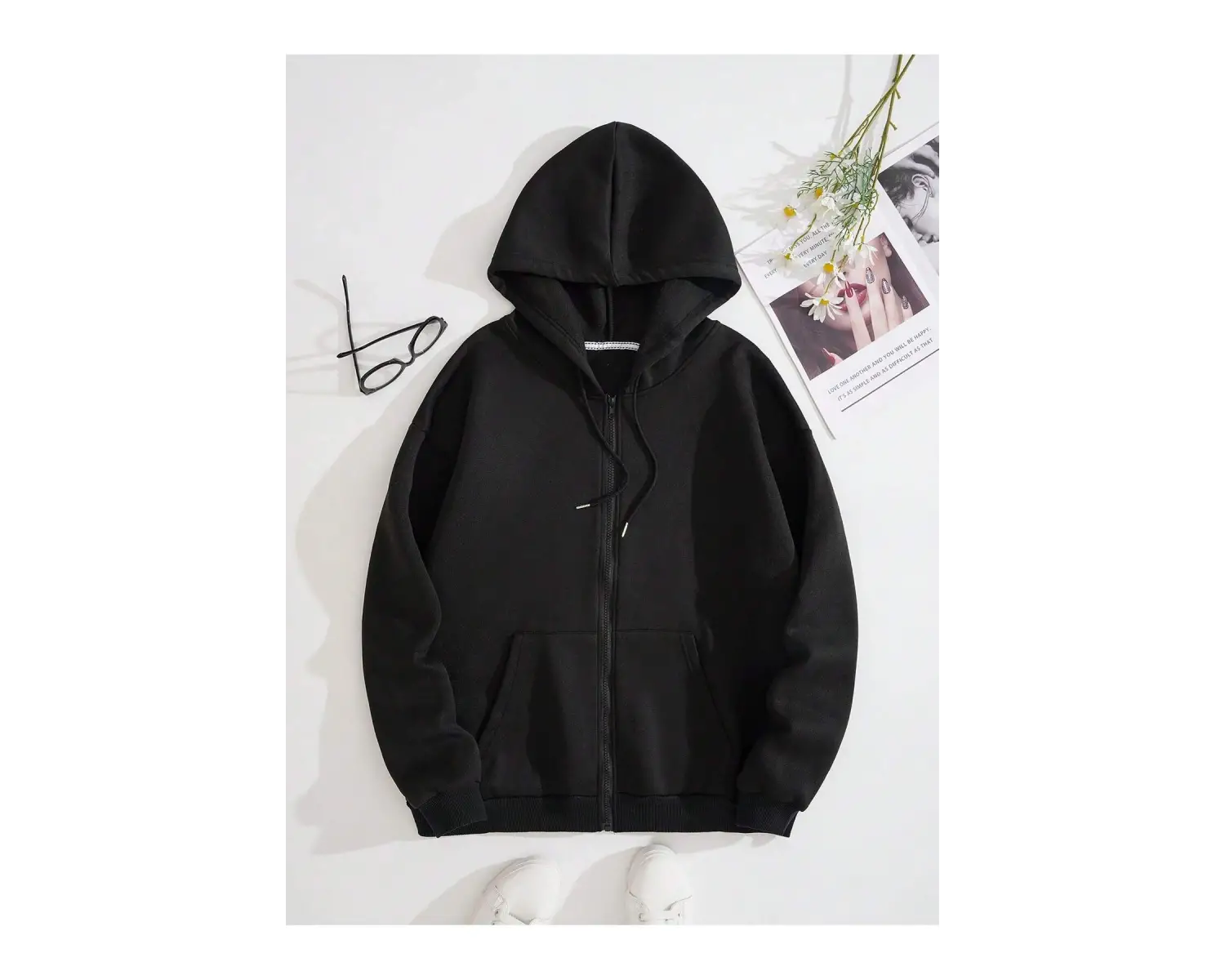 Sun & Moon Print Zip Up Drawstring Lined Hoodie Siyah