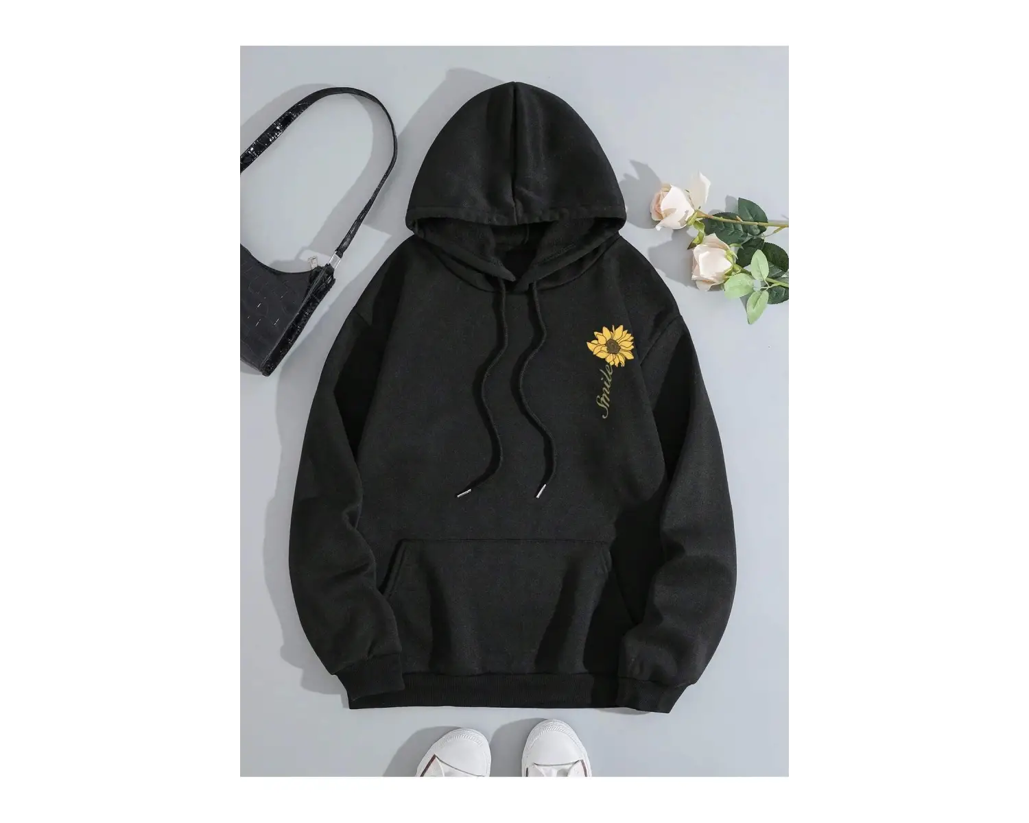 Sunflower Print Kangaroo Pocket Drawstring Hoodie Siyah