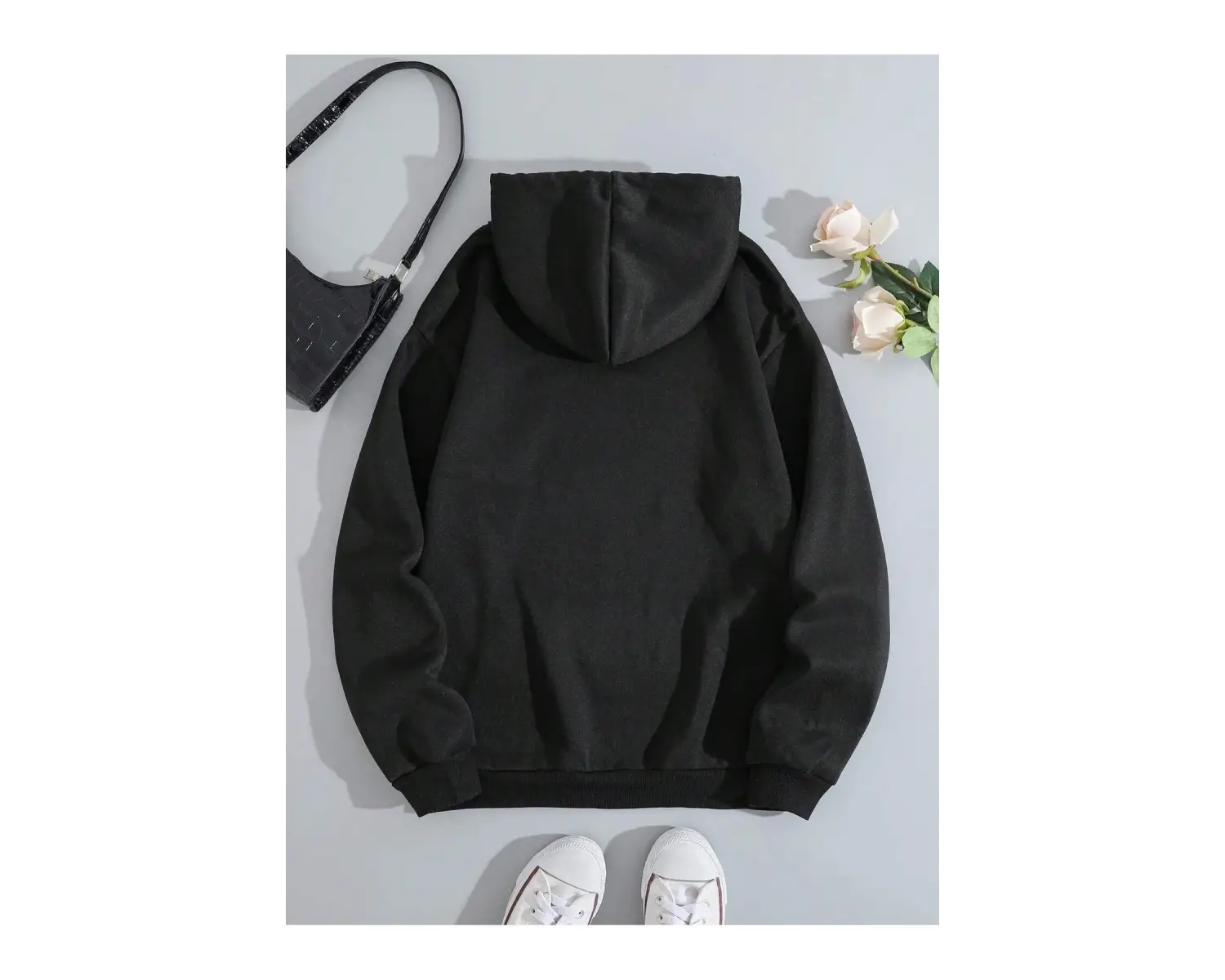 Sunflower Print Kangaroo Pocket Drawstring Hoodie Siyah