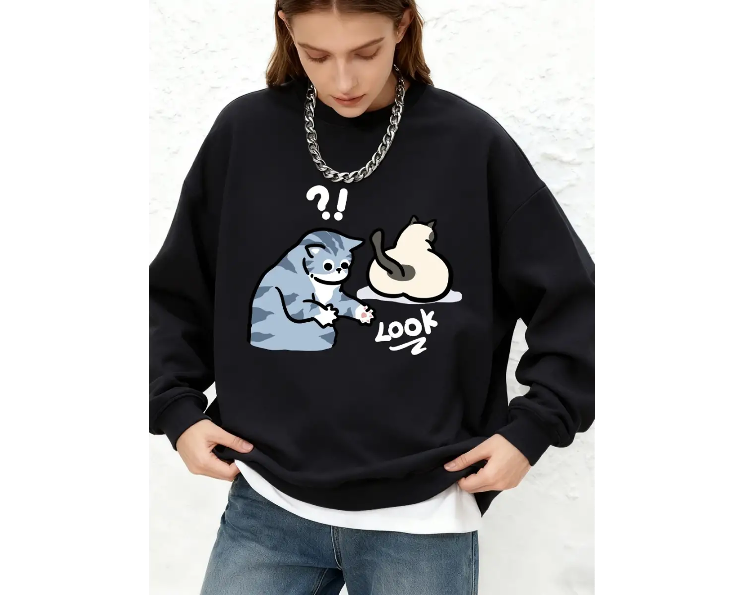 Şüpheli Karikatür Kedi Baskılı Sweatshirt Kadın Günlük Jogger Sıcak Kapüşonlu Sweatshirt Yuva