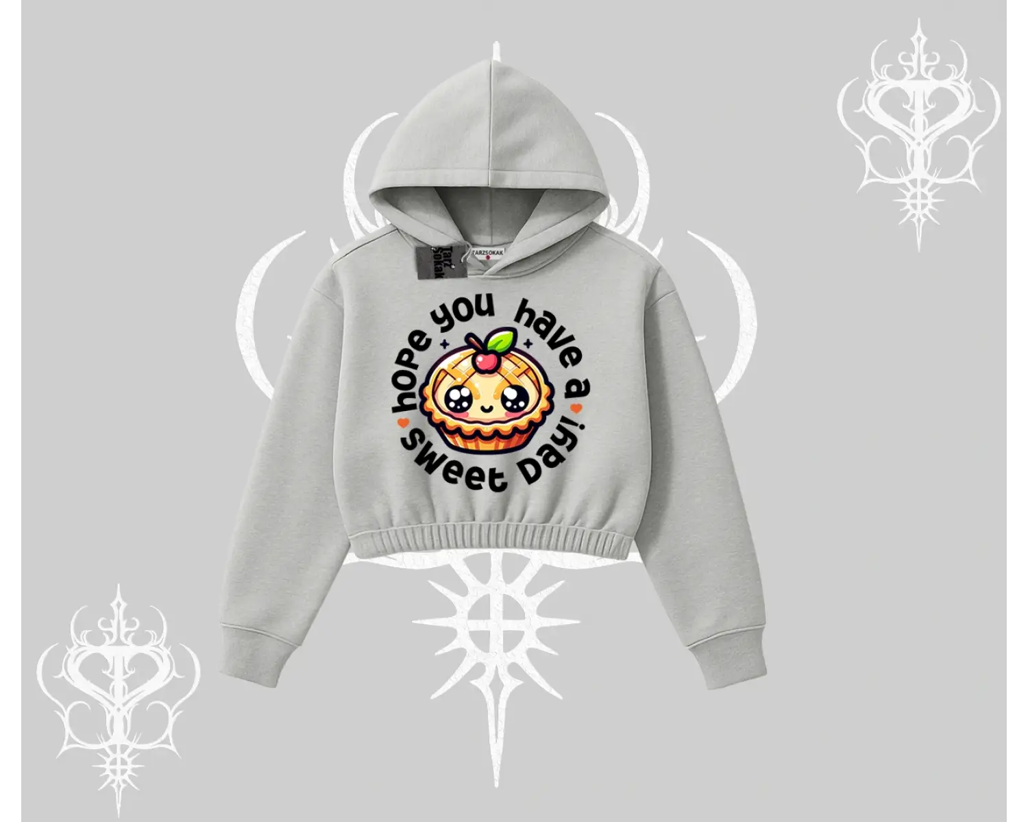 Sweet Day Cupcake Baskılı Kapşonlu Crop Sweatshirt