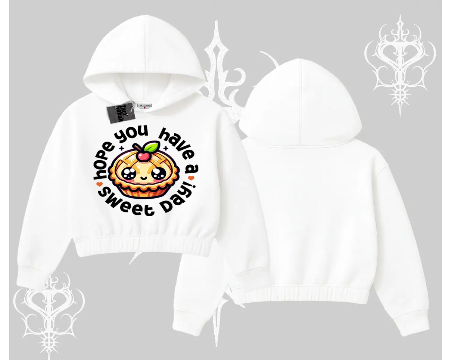 Sweet Day Cupcake Baskılı Kapşonlu Crop Sweatshirt