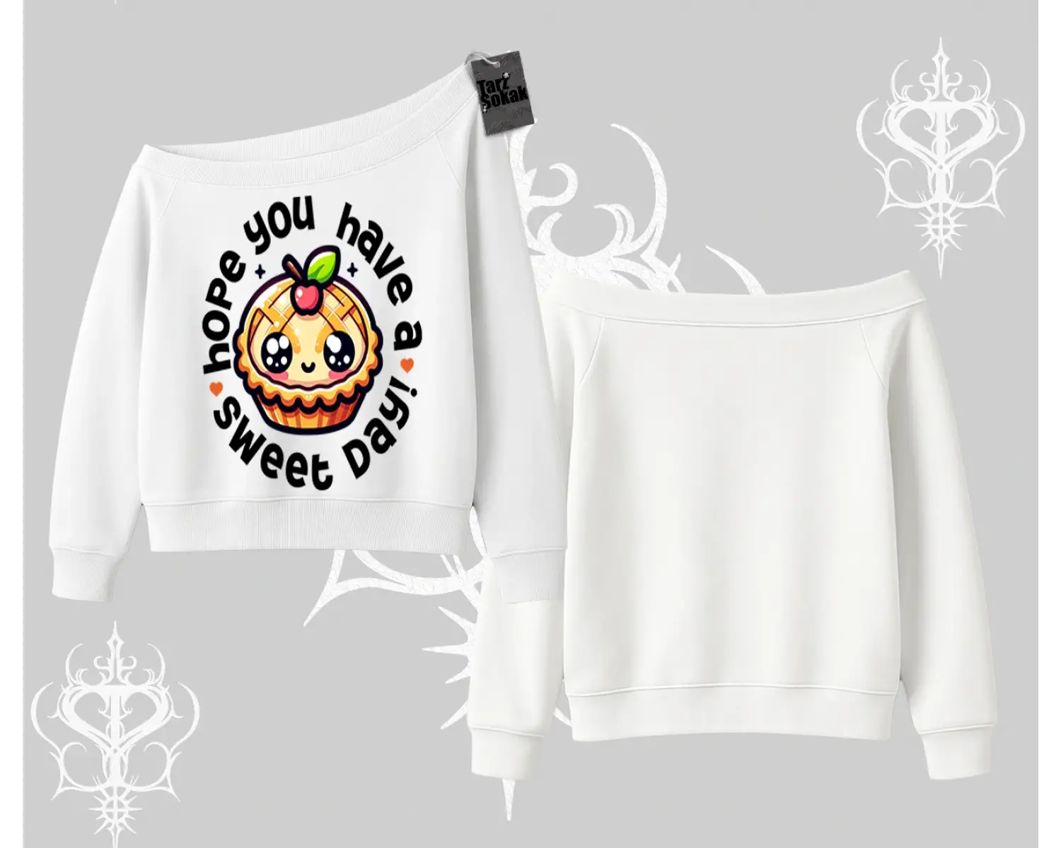 Sweet Day Cupcake Baskılı Kayık Yaka Sweatshirt