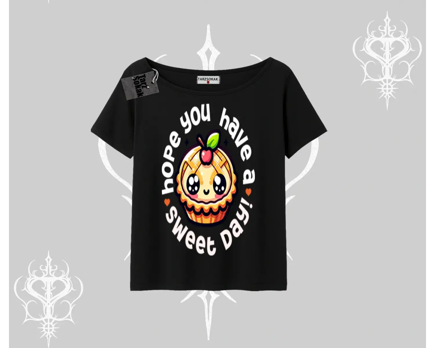 Sweet Day Cupcake Baskılı Kayık Yaka Tshirt