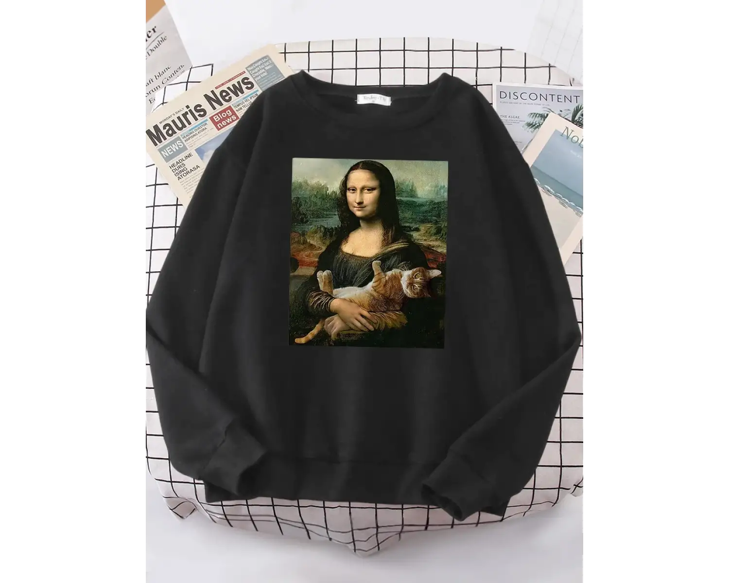 T shirt Mona Lisa sarılma kedi Kawaii kadın Hoodies moda rahat Hoodie boy gevşek tişörtü sıca