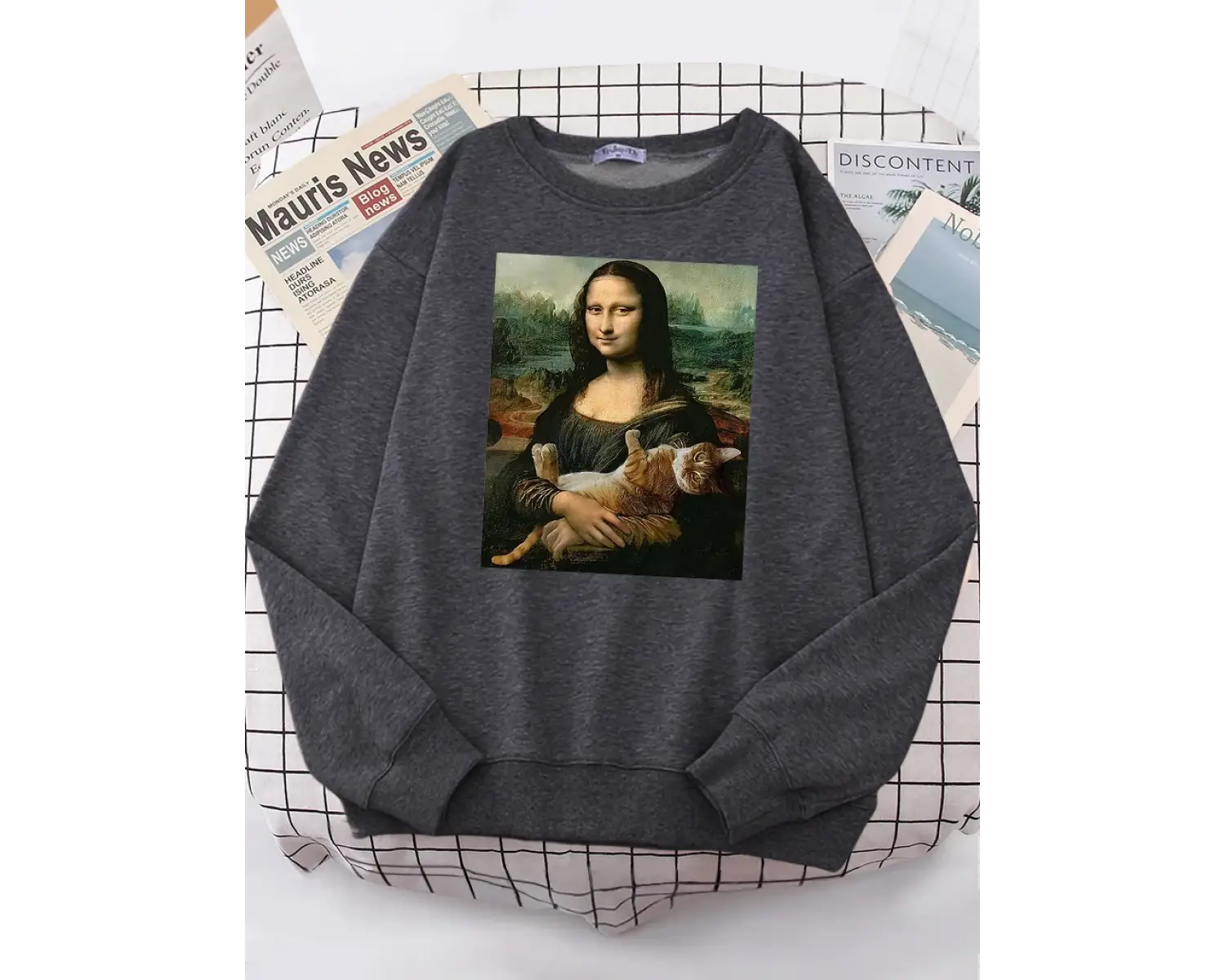 T shirt Mona Lisa sarılma kedi Kawaii kadın Hoodies moda rahat Hoodie boy gevşek tişörtü sıca