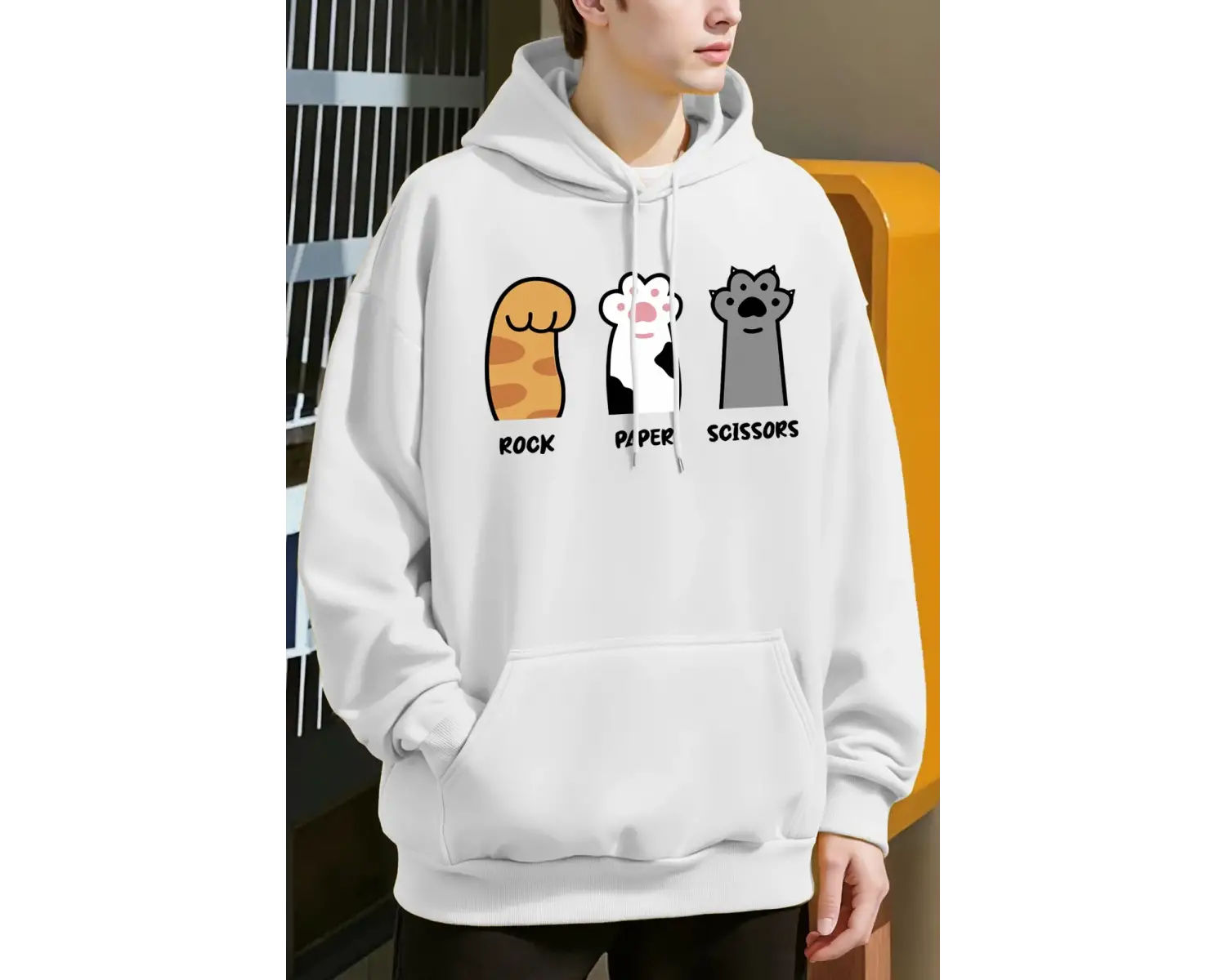 Taş Kağıt Makas Kedi Pençeleri Tasarım Erkekler Hoody Cep Rahat Kapüşonlular Moda Sonbahar Ka