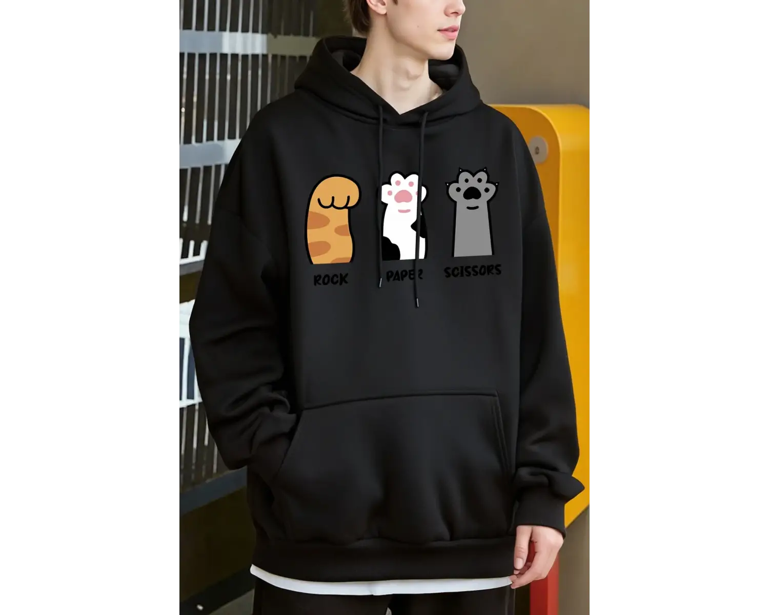 Taş Kağıt Makas Kedi Pençeleri Tasarım Erkekler Hoody Cep Rahat Kapüşonlular Moda Sonbahar Ka