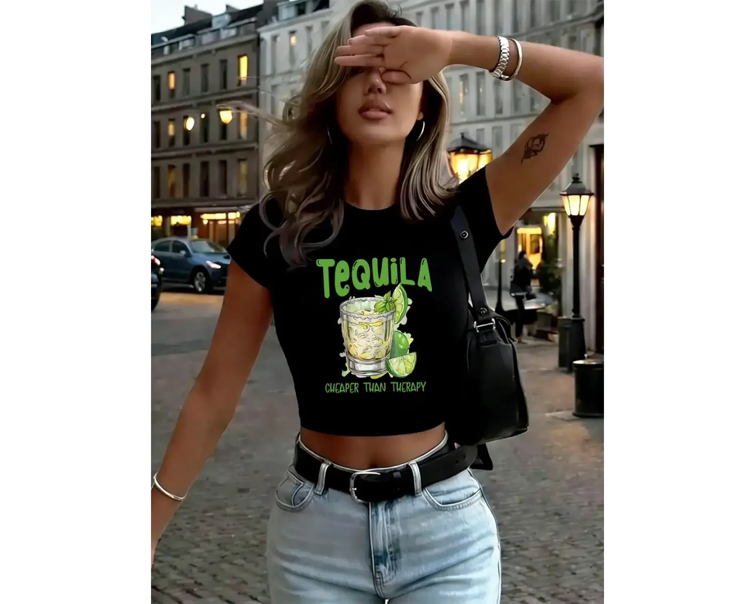 Tekila Terapiye Daha Ucuz Baskılar Kadın Kırpma Üstleri Yaz Yüksek Elastik O-Yaka Tişörtler Y