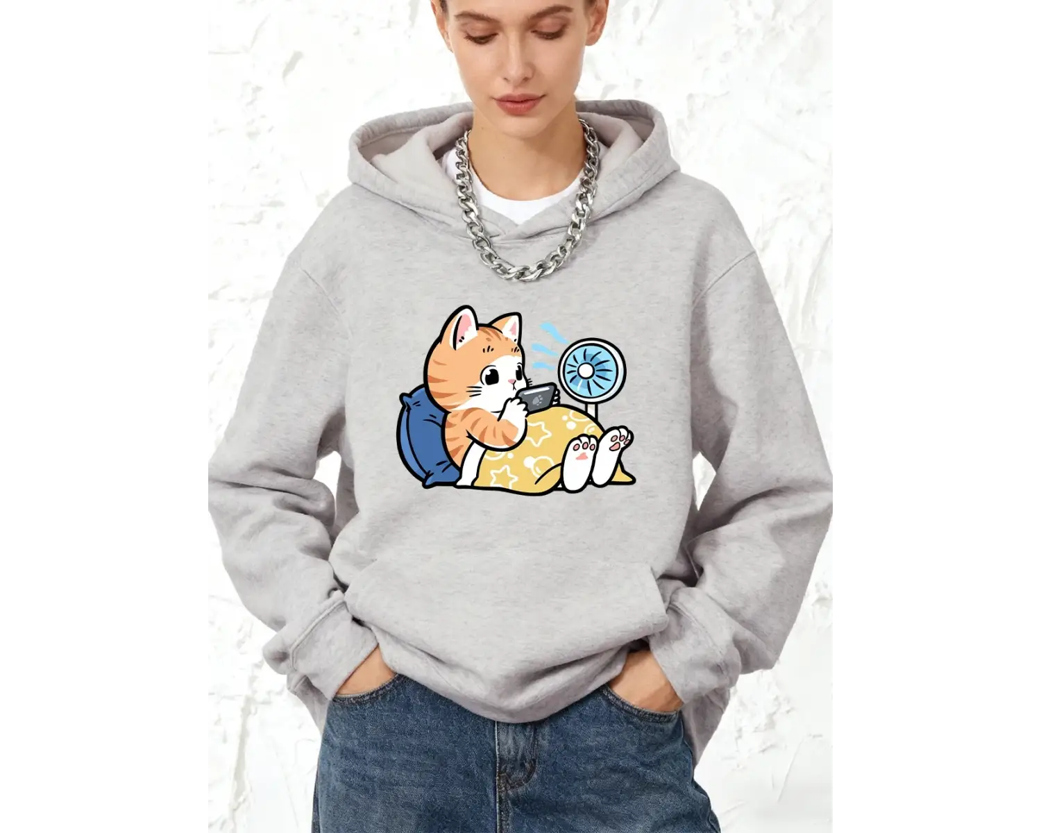Telefonla Oynayan Tembel Kedi Baskılı Kapüşonlular Pamuk Kadın Koşu Cep Üstleri Sportif Gevşe