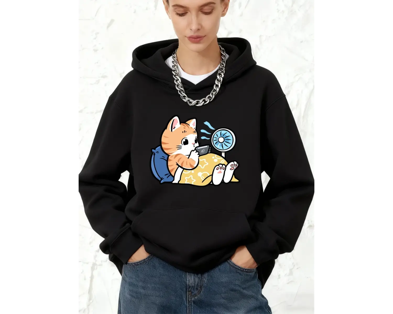 Telefonla Oynayan Tembel Kedi Baskılı Kapüşonlular Pamuk Kadın Koşu Cep Üstleri Sportif Gevşe