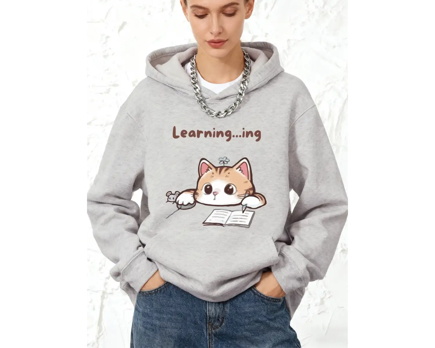 Tembel Çalışan Kedi Yaratıcı Baskılı Pamuklu Kapüşonlu Üstler Kadınlar İçin Kışlık Polar Sıca