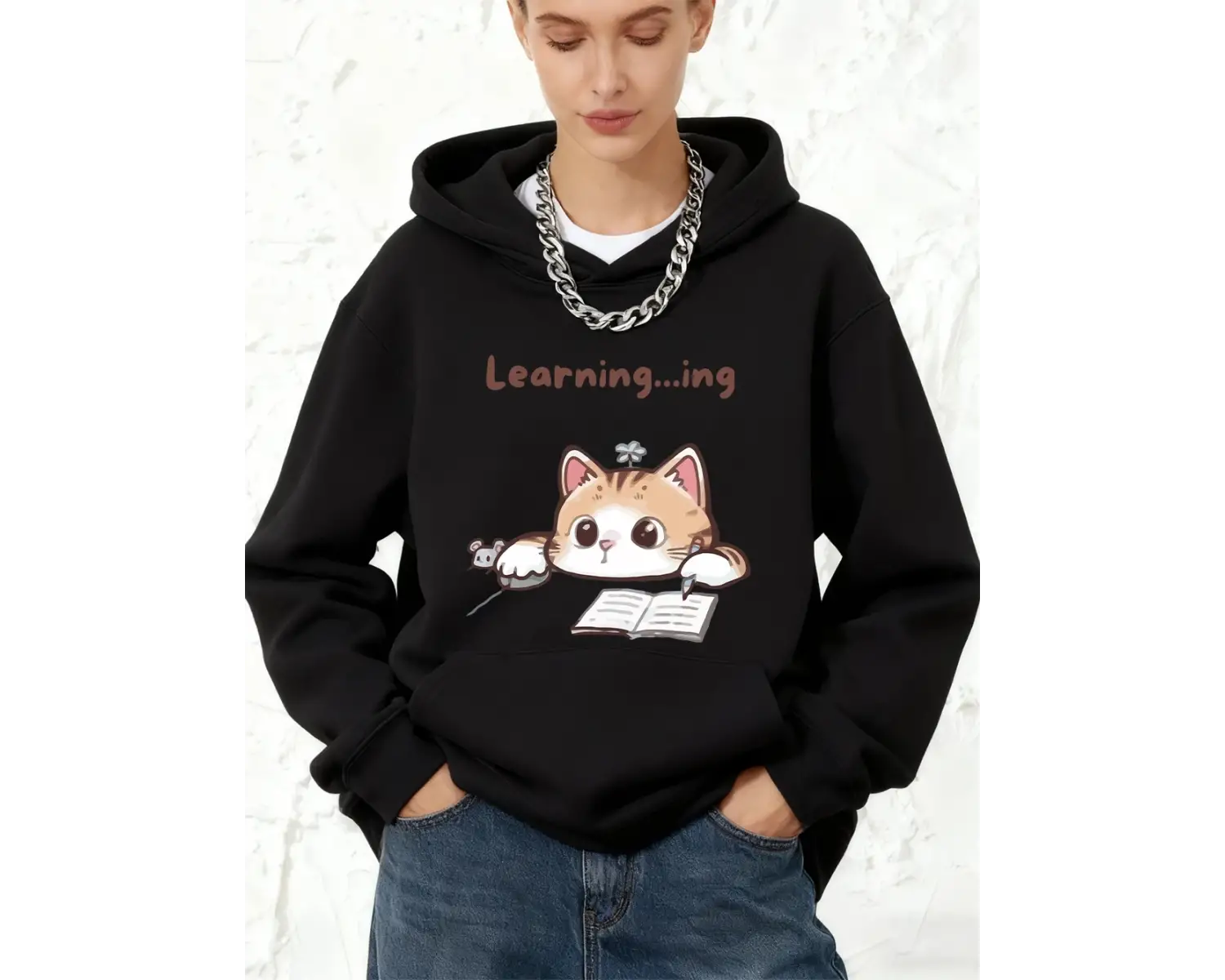Tembel Çalışan Kedi Yaratıcı Baskılı Pamuklu Kapüşonlu Üstler Kadınlar İçin Kışlık Polar Sıca