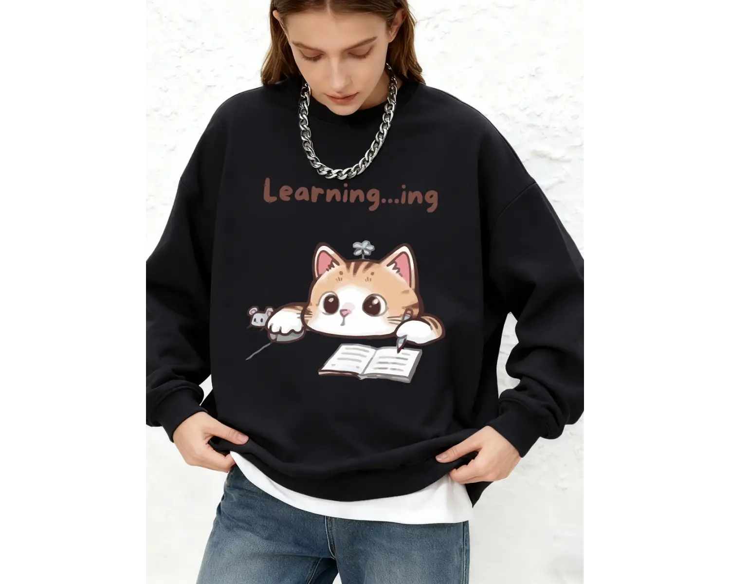 Tembel Çalışan Kedi Yaratıcı Baskılı Sweatshirt Kadın Sonbahar Yuvarlak Yaka Büyük Beden Kapü