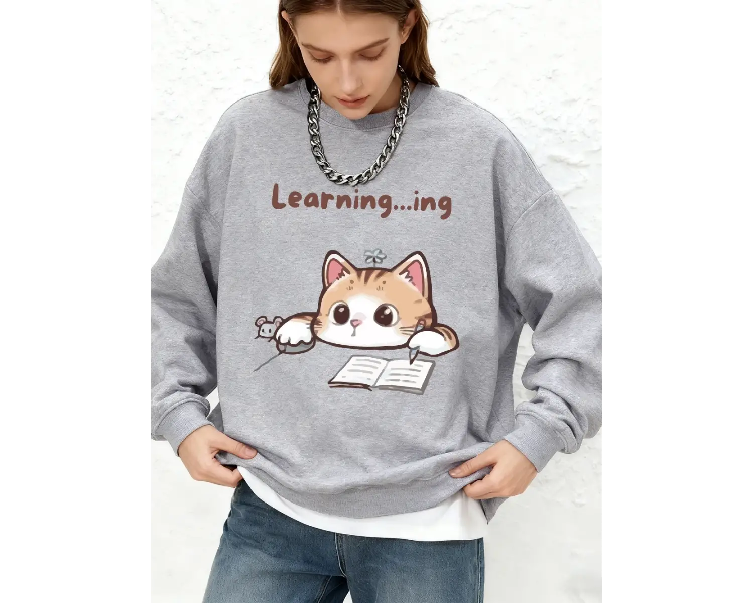 Tembel Çalışan Kedi Yaratıcı Baskılı Sweatshirt Kadın Sonbahar Yuvarlak Yaka Büyük Beden Kapü