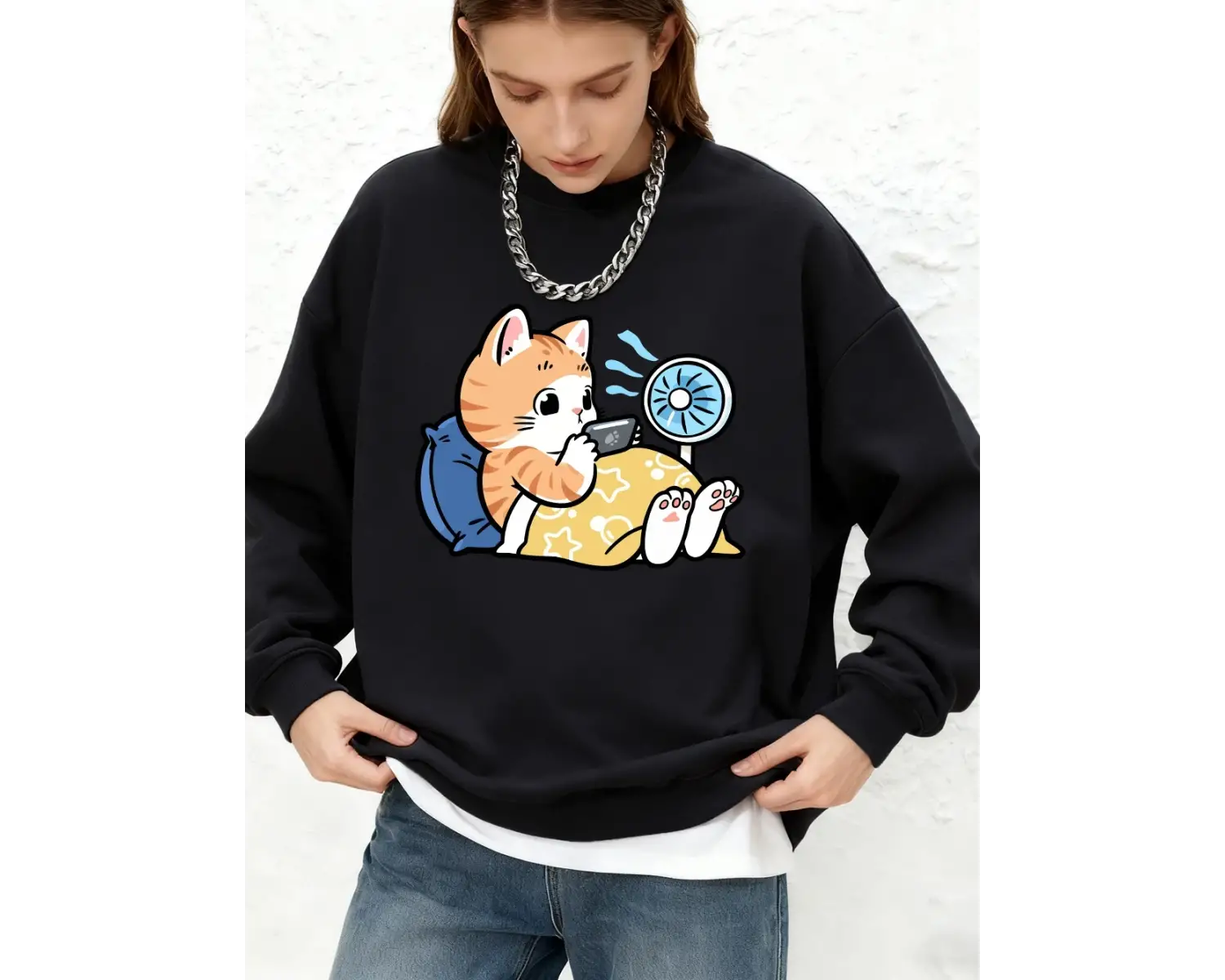 Tembel Kedi Telefonla Oynarken Baskı Kazak Kadın Rahat Bisiklet Yaka Büyük Boy Kapşonlu Sıcak