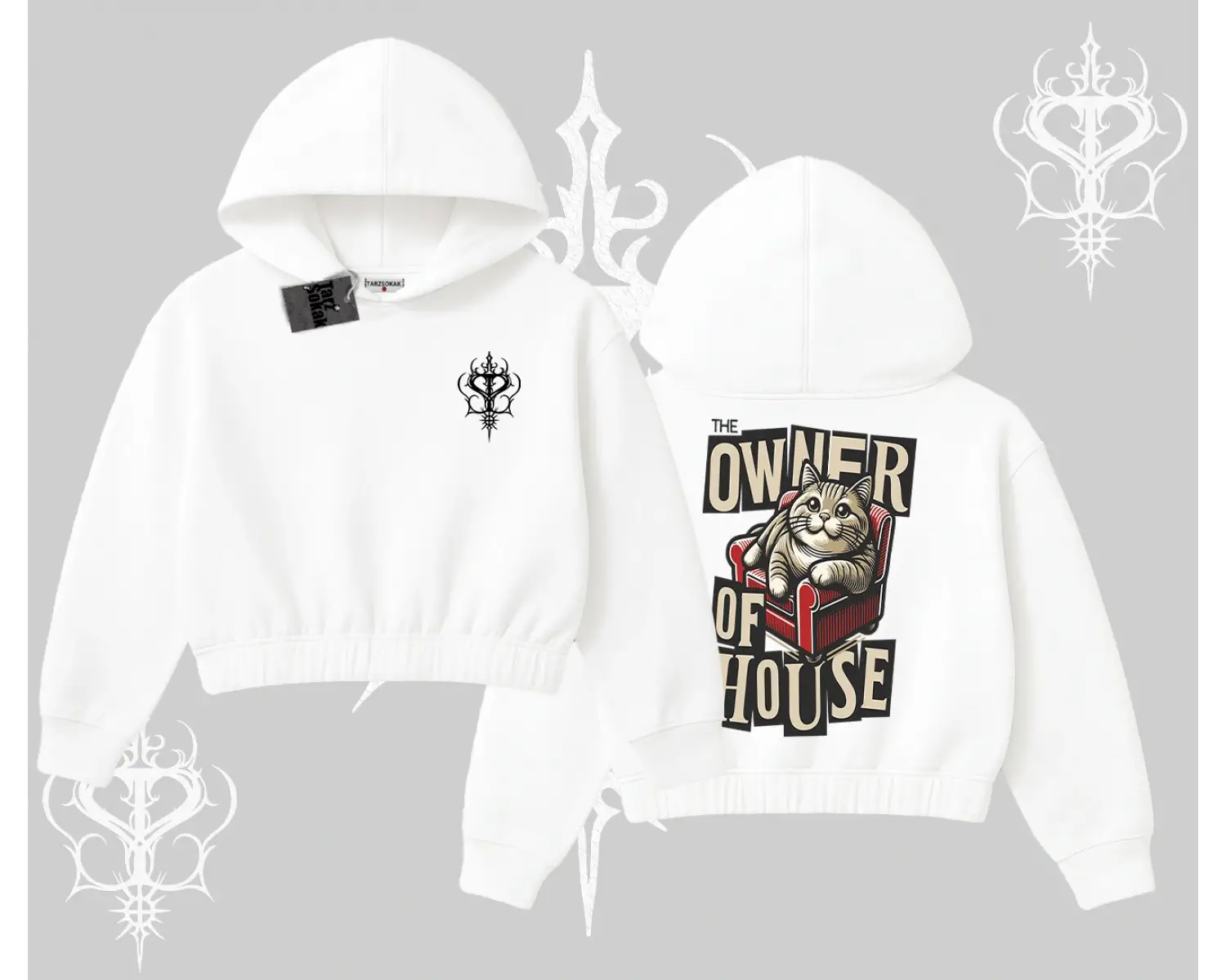 The Owner of House Kedi Arka Baskılı Kapşonlu Crop Sweatshirt