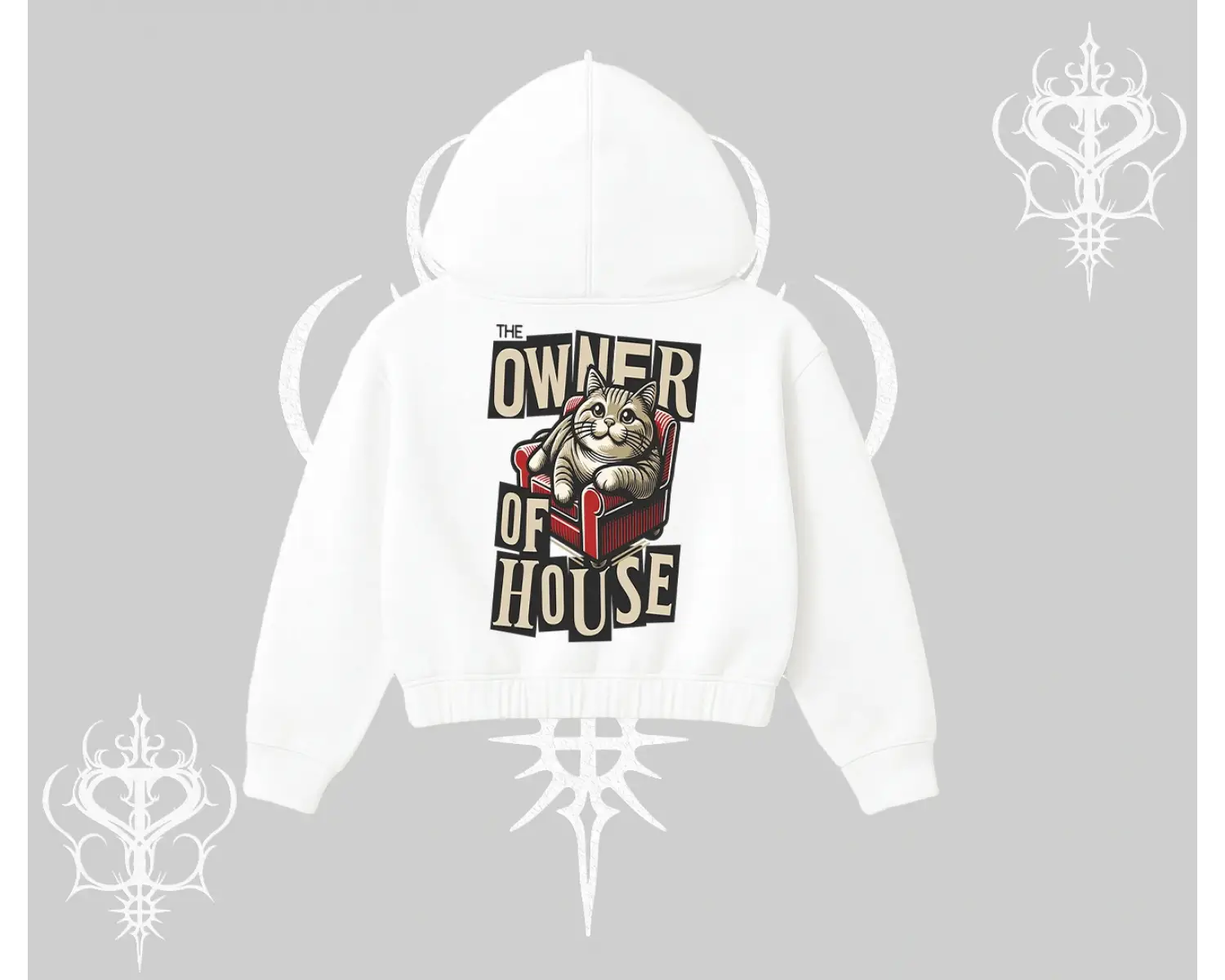 The Owner of House Kedi Arka Baskılı Kapşonlu Crop Sweatshirt