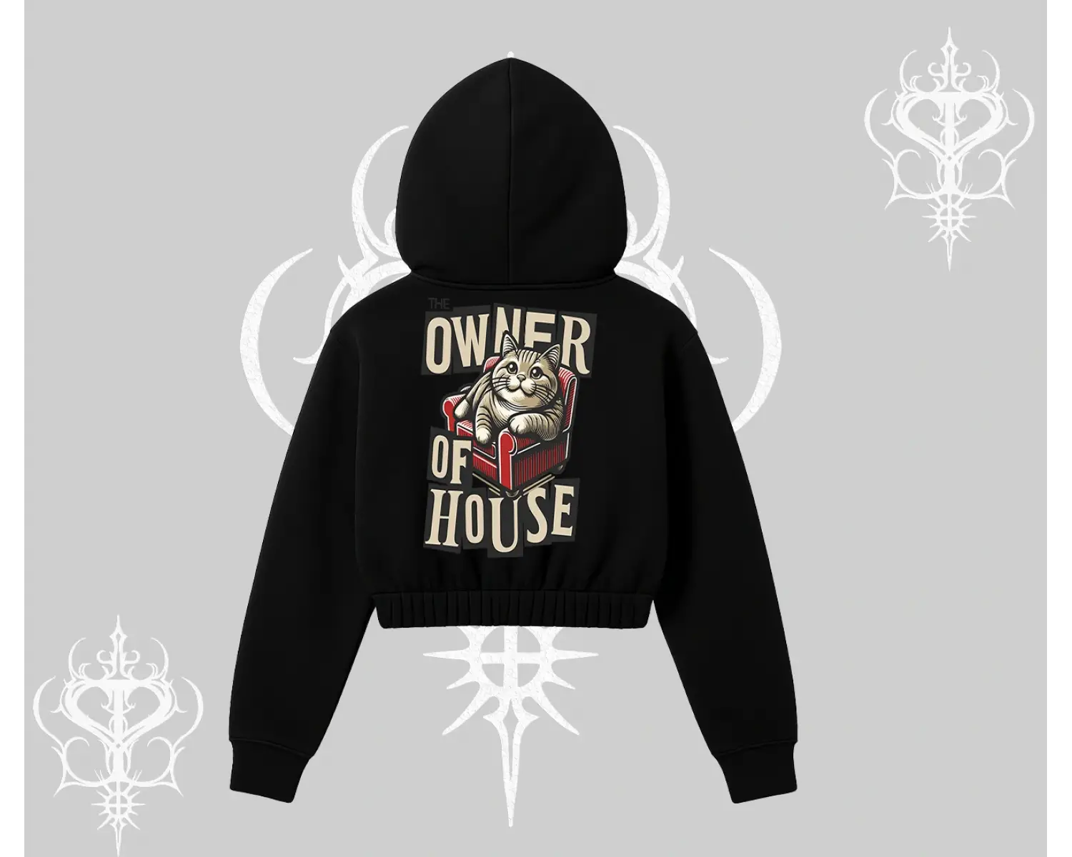 The Owner of House Kedi Arka Baskılı Kapşonlu Crop Sweatshirt