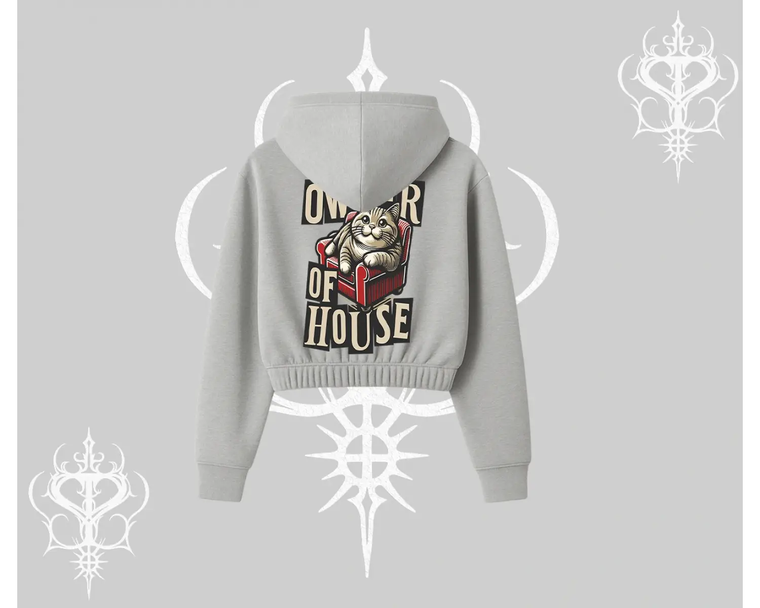 The Owner of House Kedi Arka Baskılı Kapşonlu Crop Sweatshirt