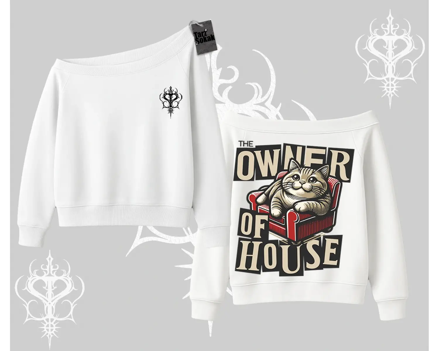 The Owner of House Kedi Arka Baskılı Kayık Yaka Sweatshirt